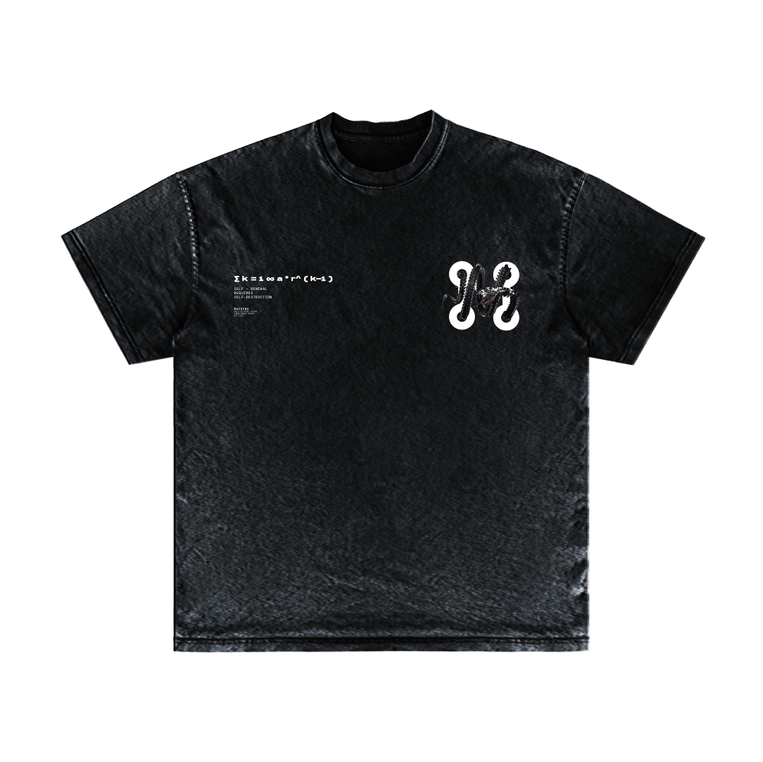The O8S - DROP 02 - itm10 by Machina - Wearable Technology is a black t-shirt featuring subtle white text on the left chest and a striking graphic on the right, combining minimalism with modern, artistic style.