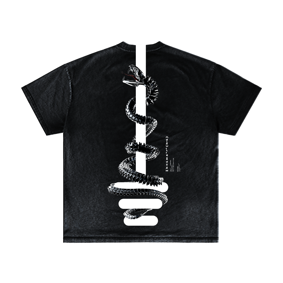The O8S - DROP 02 - itm6 by Machina – Wearable Technology is a black T-shirt featuring a bold vertical white stripe on the back, overlaid with a coiled black snake and a perched bird at the top.