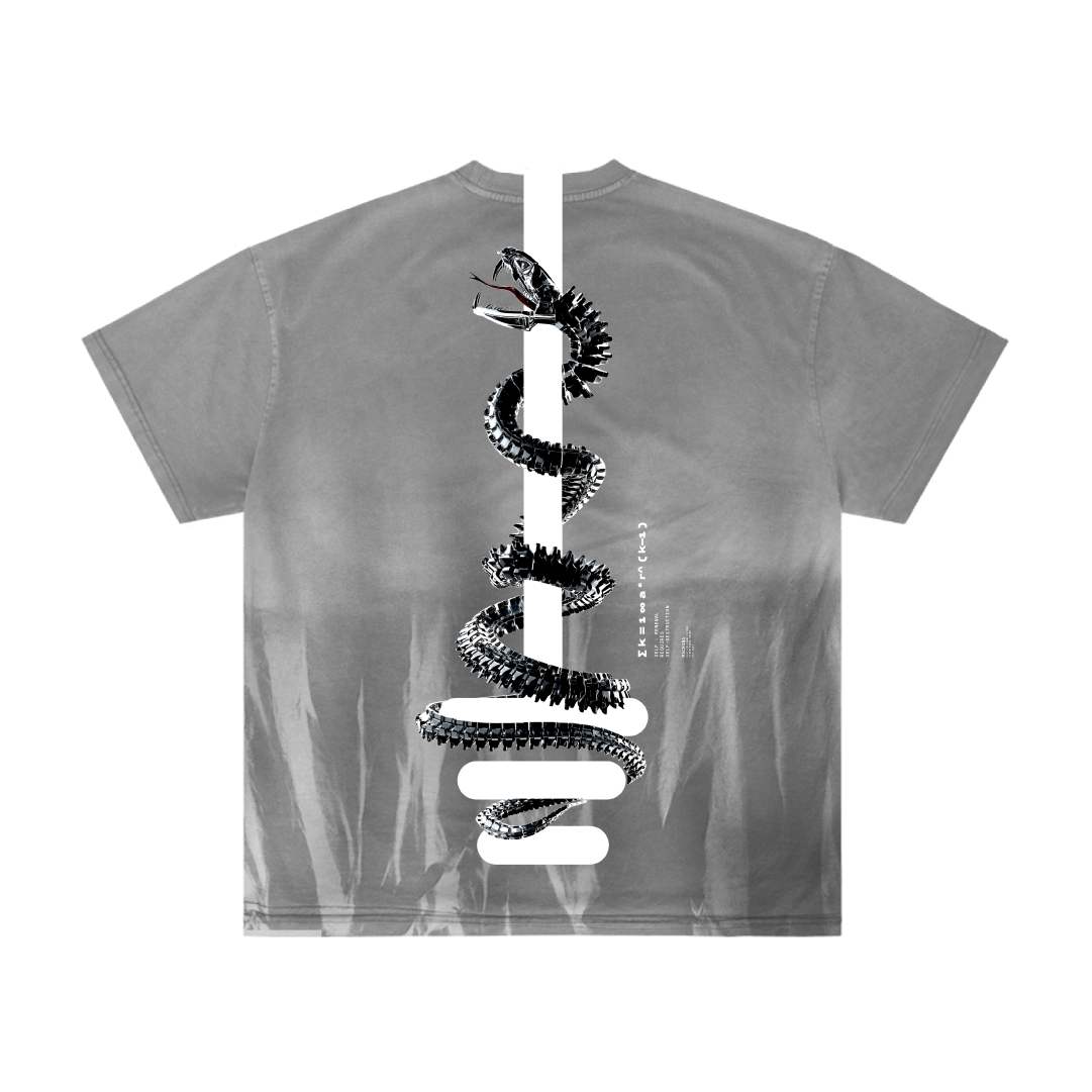 The O8S - DROP 02 - itm5 by Machina - Wearable Technology is a gray T-shirt showing a black snake coiled around a white stripe down the back, accented with small white text and abstract shapes alongside the design.