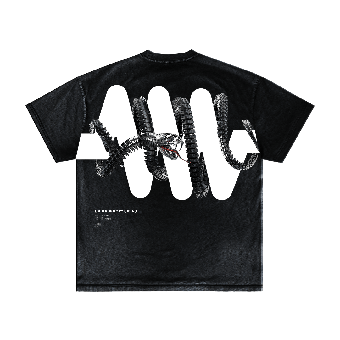 The O8S - DROP 02 - itm4 by Machina - Wearable Technology is a black T-shirt with a bold white waveform graphic and coiled snake on the back, finished with subtle white text at the bottom left for a unique touch.