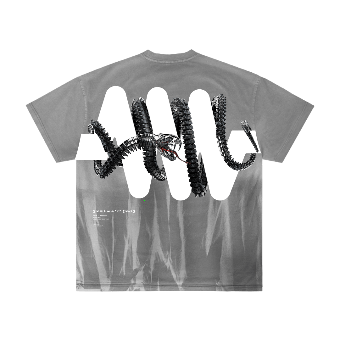 The Machina - Wearable Technology O8S - DROP 02 - itm3 gray t-shirt features a white vertical stripe, a black segmented mechanical dragon coiling on the back, plus abstract streaks and text at the lower left. No SEO keywords are present in the description.