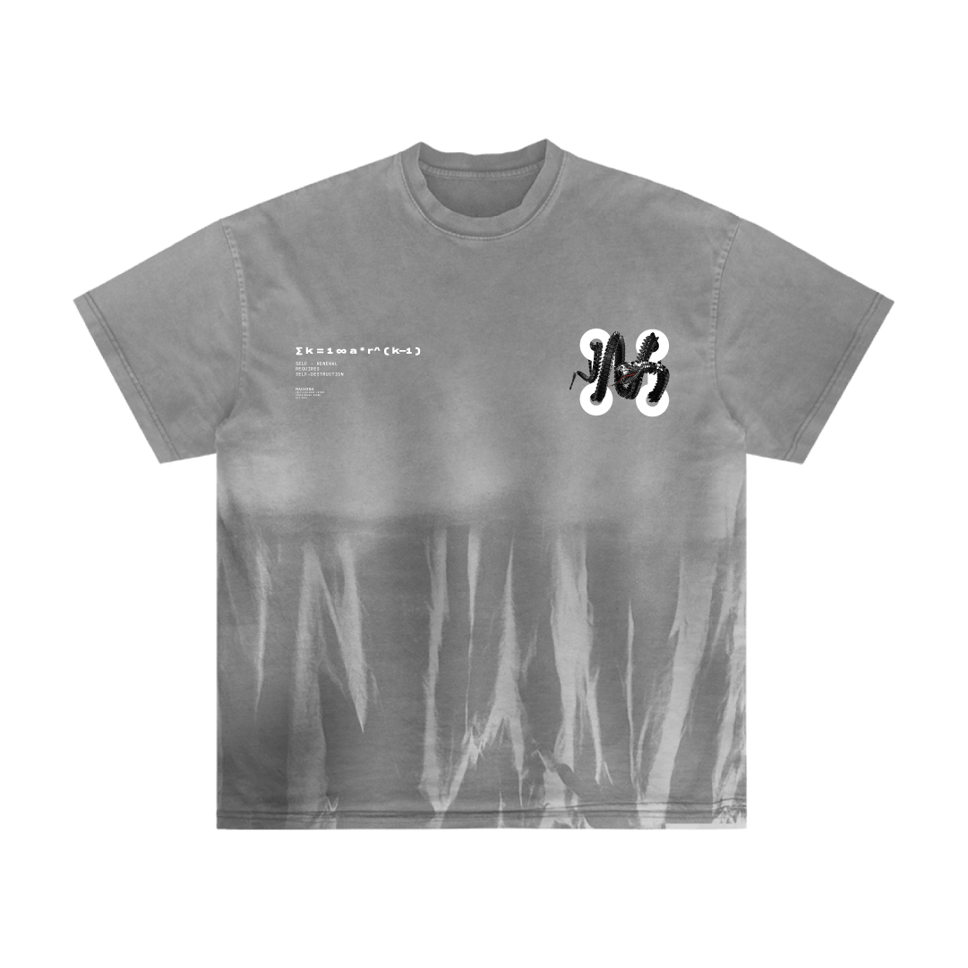 The Machina - Wearable Technology O8S - DROP 02 - itm9 is a gray t-shirt with white abstract streaks on the lower half, small white text and codes on the left chest, and a bold black-and-white stylized MR logo on the right chest.