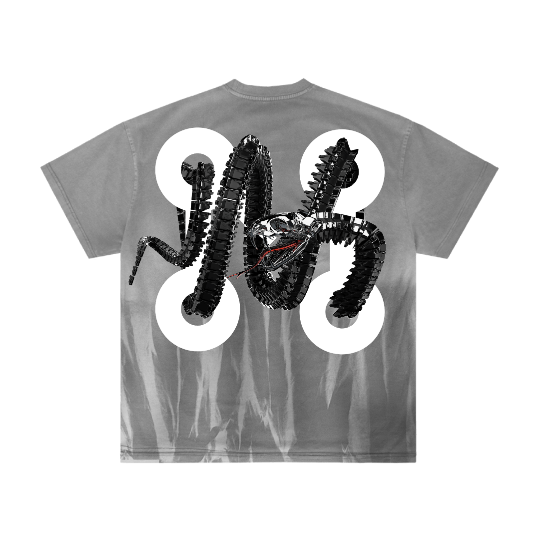The O8S - DROP 02 - itm9 by Machina - Wearable Technology is a gray tie-dye t-shirt with a graphic of four black robotic arms emerging from a metallic skull, set over four large white circles on the back.