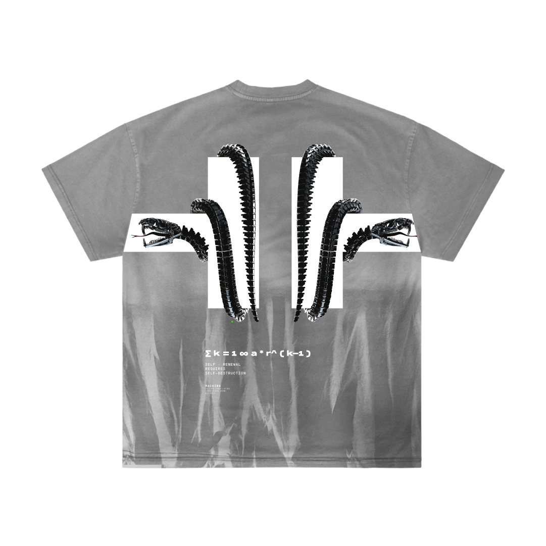 The Machina - Wearable Technology O8S - DROP 02 - itm7 gray t-shirt features four black dinosaur skeleton tails radiating from the center and two dinosaur skulls on each side.