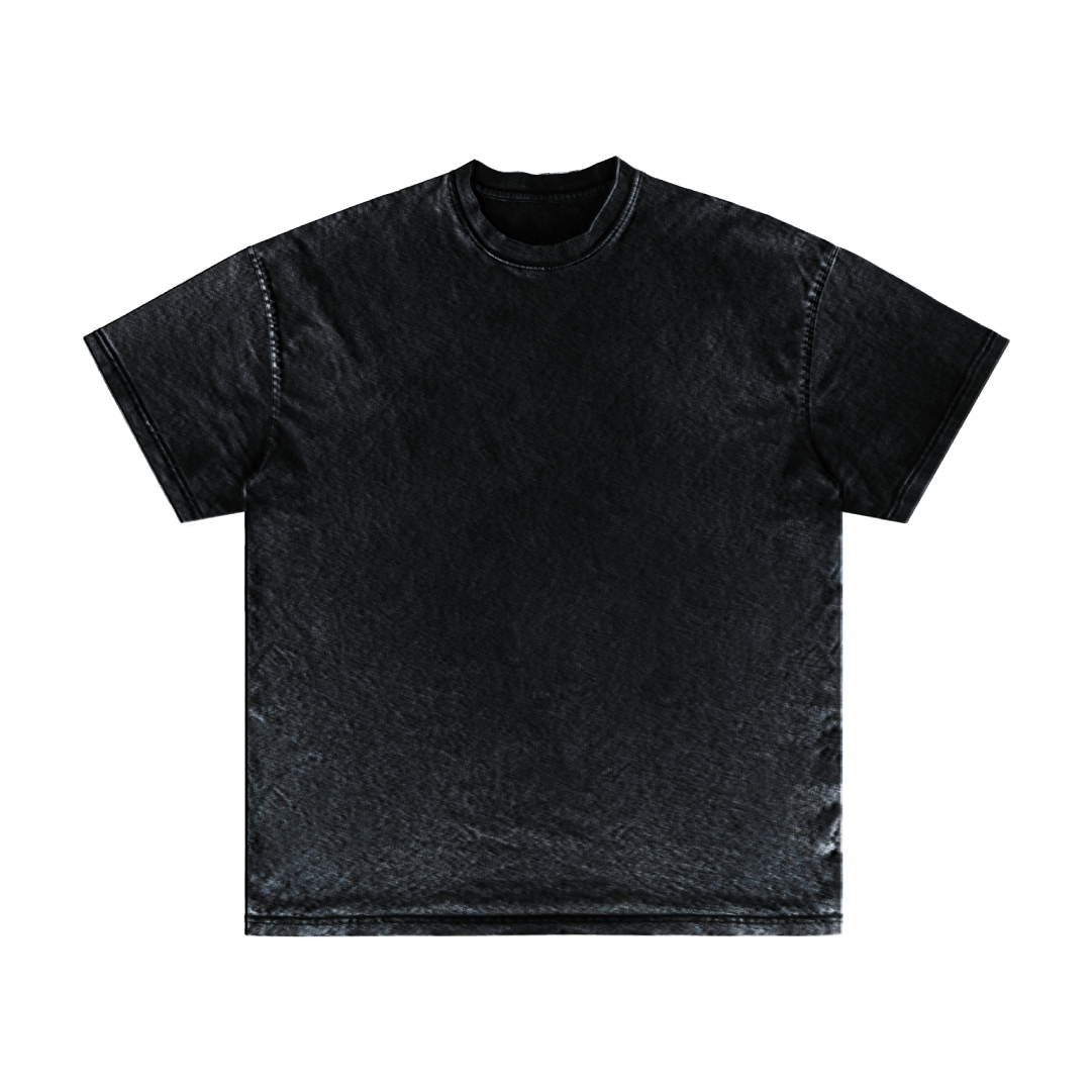 The O8S - DROP 02 - itm6 by Machina - Wearable Technology is a black, crew-neck, short-sleeve t-shirt with a slightly faded, vintage look, displayed flat on a white background.