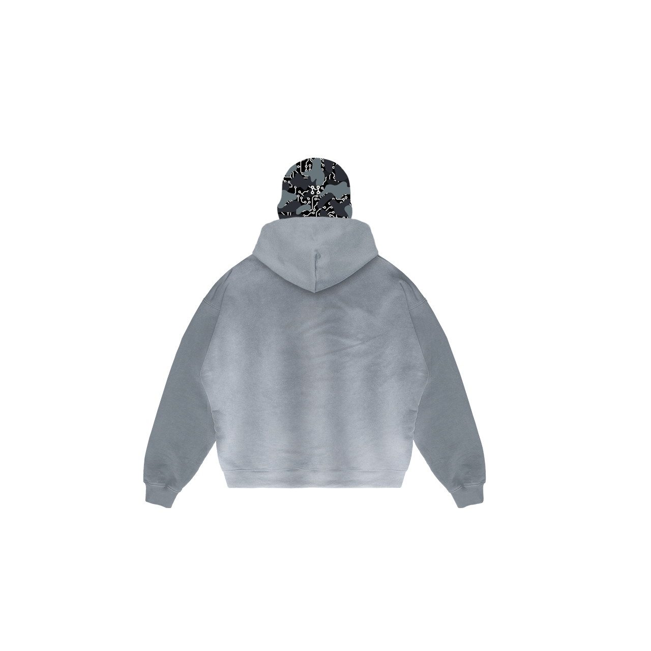 The Balaclava hoodie by Machina - Wearable Technology is shown from the back, highlighting a striking black and white abstract hood design. This light gray hoodie features long sleeves, a relaxed fit, and seamless functionality set against a plain white background.
