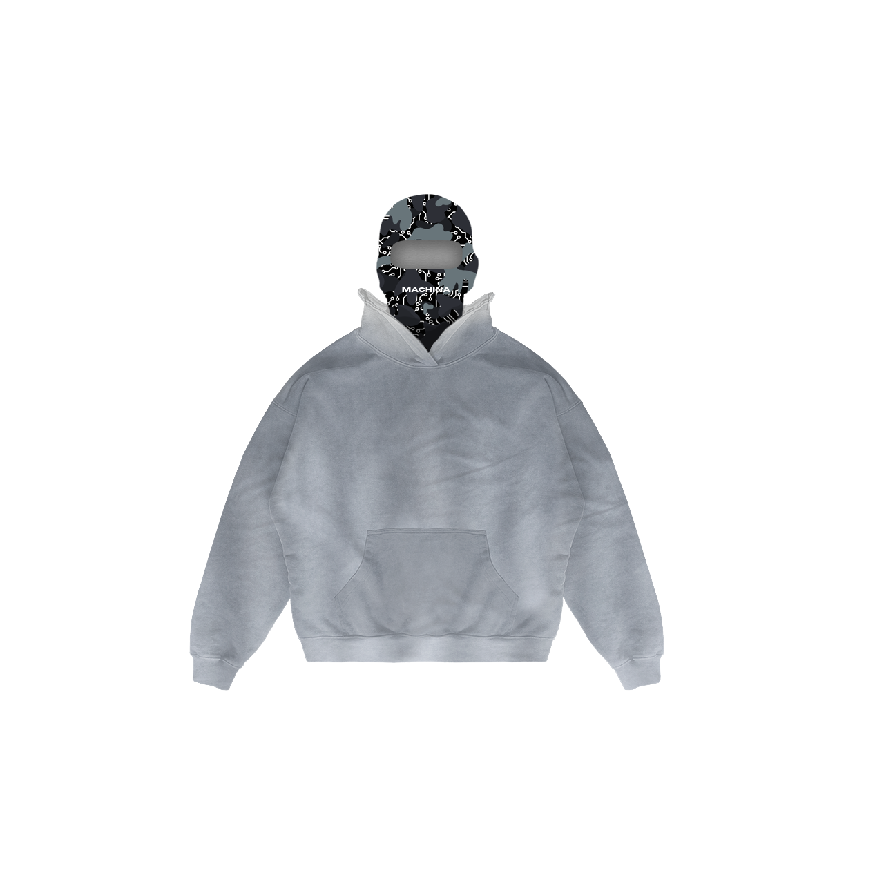 A gray Balaclava hoodie from Machina - Wearable Technology features a front pocket and pairs seamlessly with its black and gray camouflage design, highlighted by bold white text and illustrations. Set against a plain white background, these elements blend functionality with style.