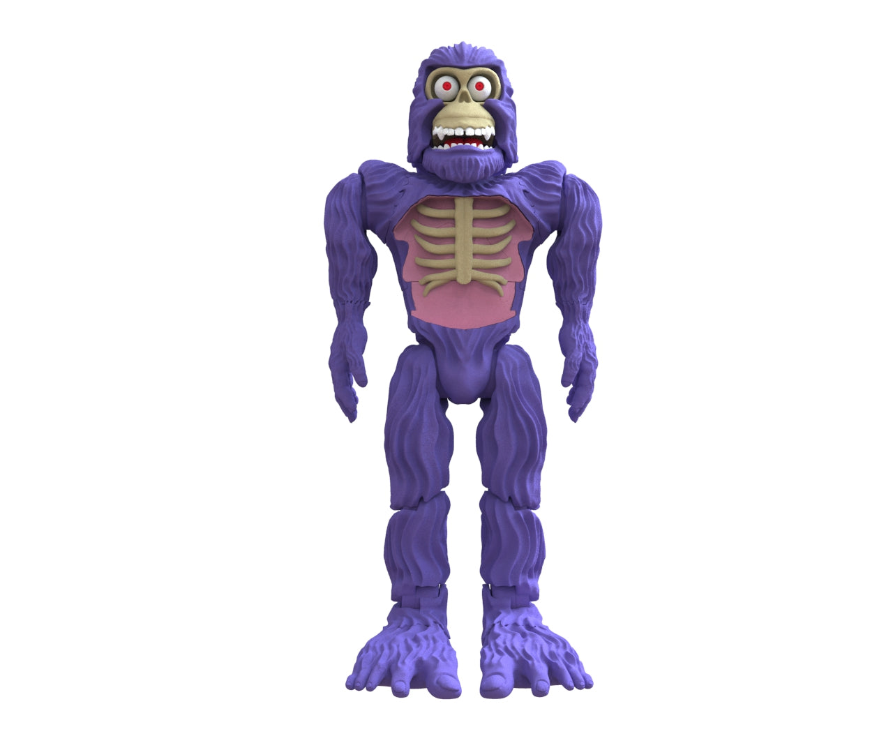 The Pie Grande art toy by Machina - Wearable Technology features a striking purple monster with exaggerated features, including big eyes and an open-mouthed expression. This unique figure showcases visible ribs and large feet, standing out vividly against a plain white background.
