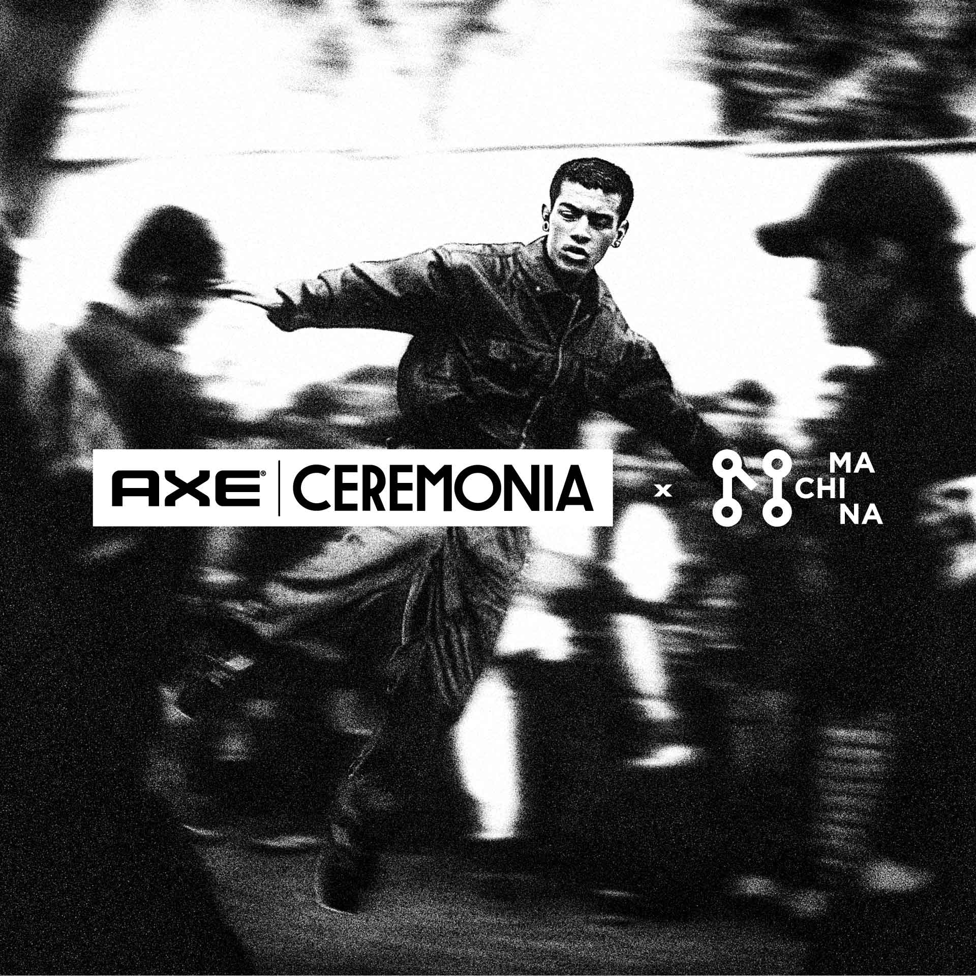 A flower with checkerboard petals is above an ornate metal gate. Text on the image reads Axe Ceremonia Merch Drop, with event details for March 23-24, 2024, at Parque Bicentenario. Cloudy sky background.