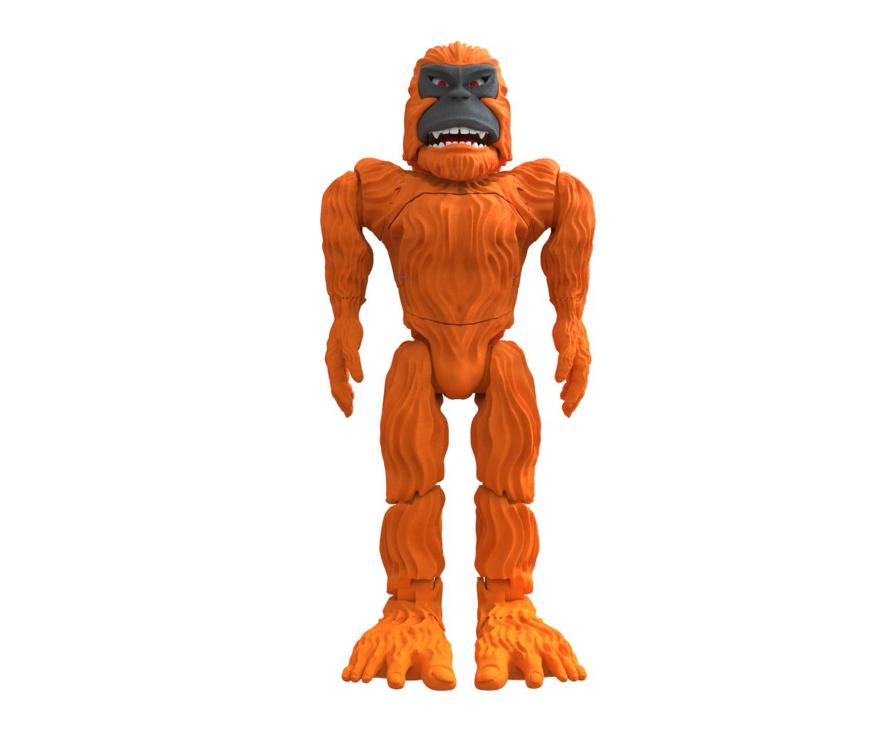 An orange toy action figure with a textured, fur-like body, large feet, and a fierce expression with a black face mask, standing upright against a white background.