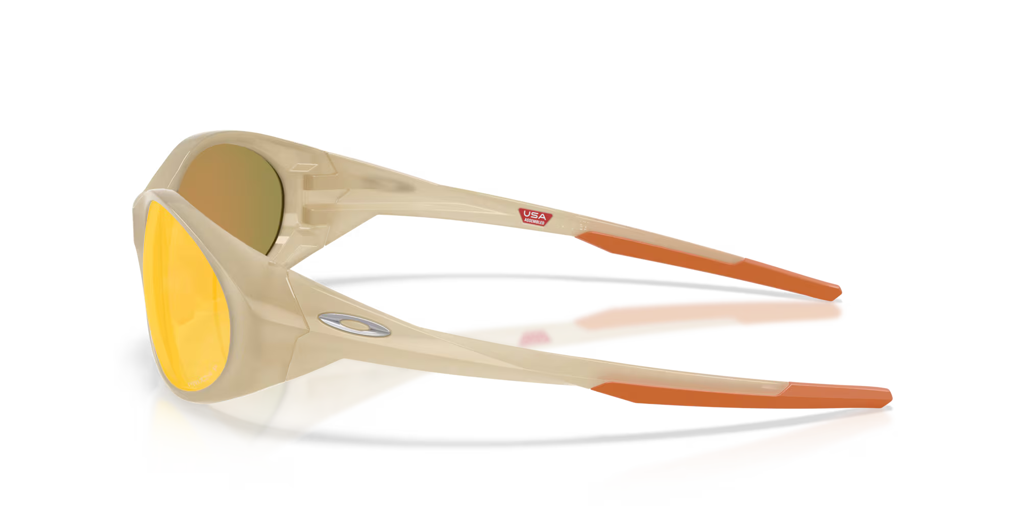 The Eye Jacket™ Redux Latitude Collection by Machina - Wearable Technology features an oval silhouette, orange-tinted lenses, orange arm tips, a side logo, and a USA sticker inside the left arm. Displayed on a plain white background.