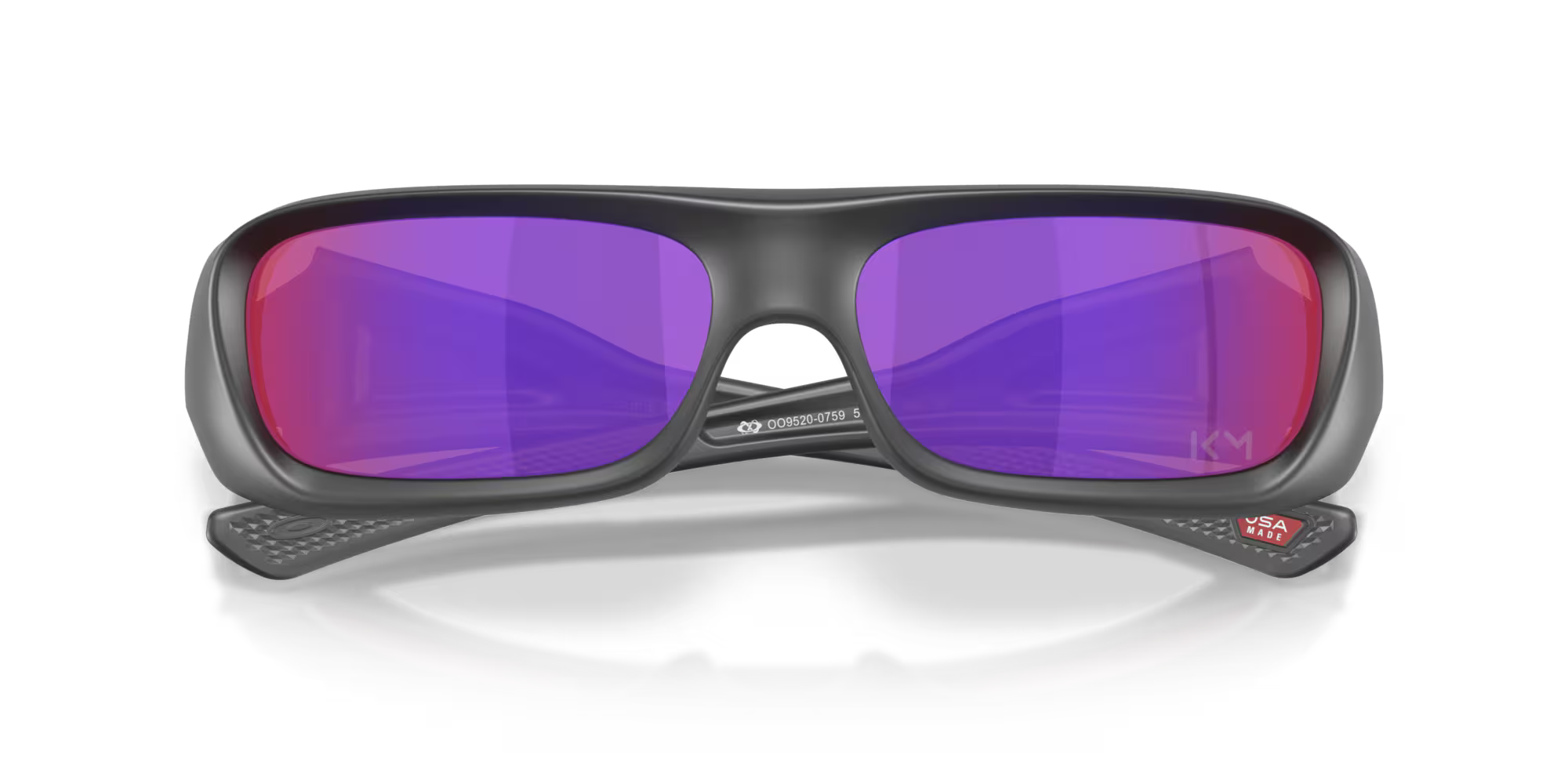The Kylian Mbappé Signature Series Permian by Machina - Wearable Technology: black sunglasses with wide rectangular frames and purple-tinted lenses, shown facing forward on a white background.