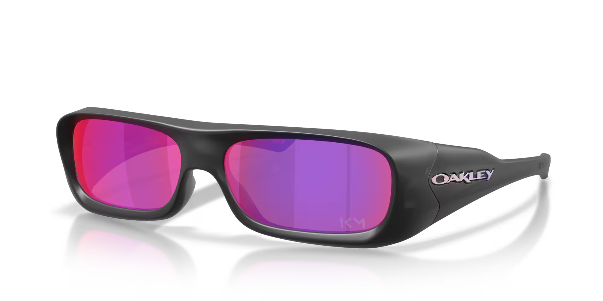 The Kylian Mbappé Signature Series Permian by Machina - Wearable Technology are black sunglasses with wide arms and rectangular purple-pink mirrored lenses, radiating fearless style against a white background.