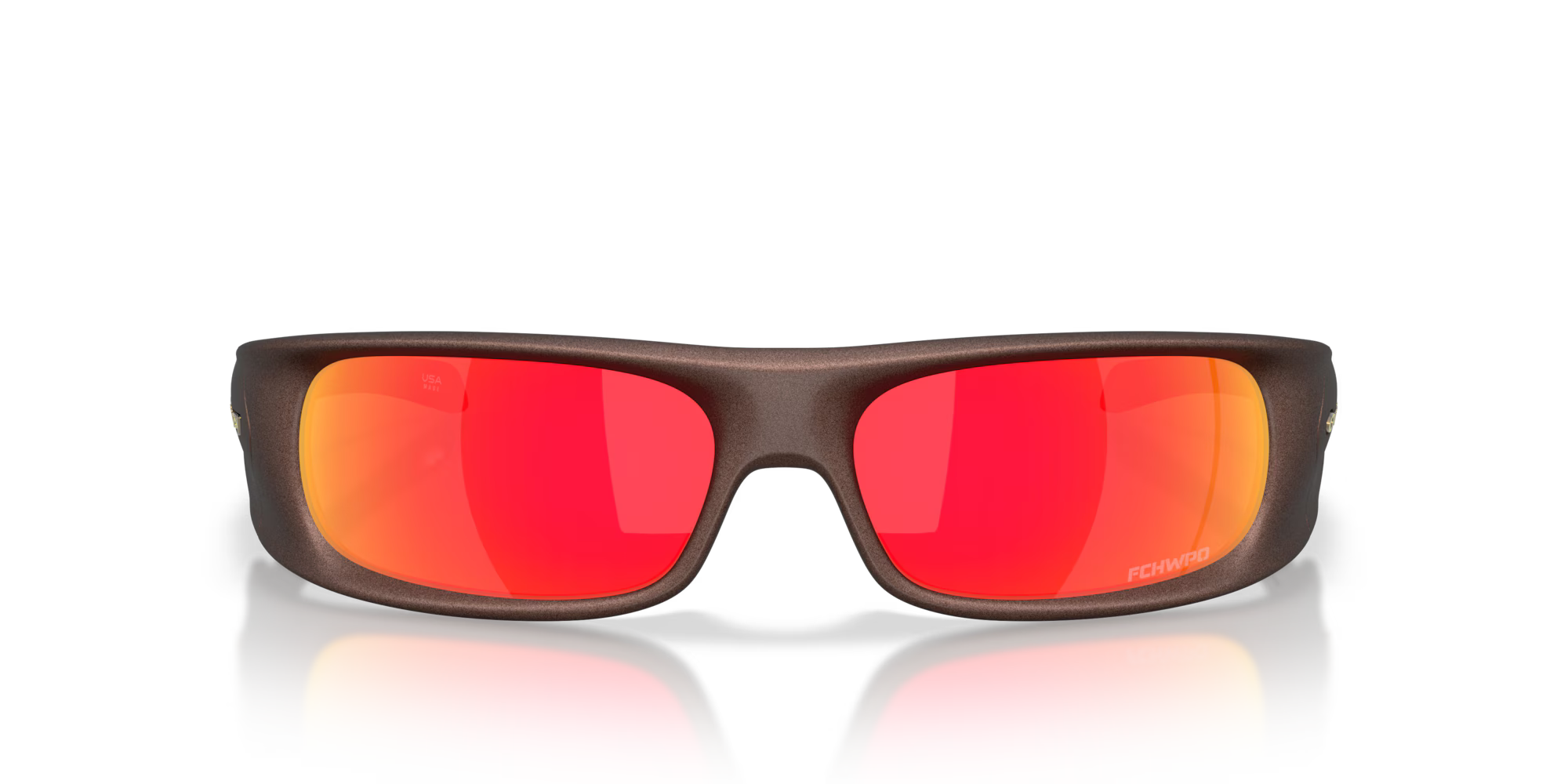 Front view of the Highland Jaylen Brown Signature Series by Machina - Wearable Technology, featuring brown wraparound frames with bright red-orange mirrored lenses, shown on a white background.