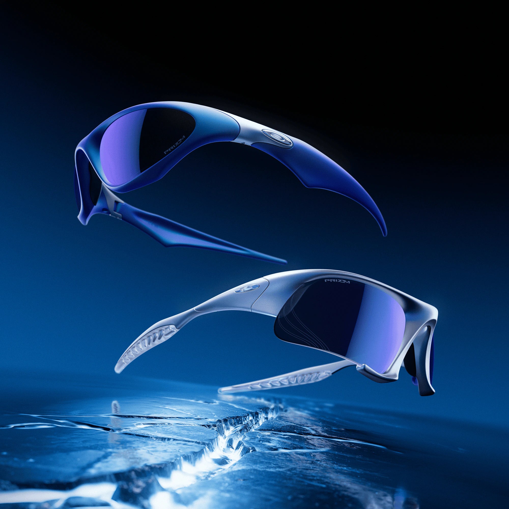 Two futuristic Machina - Wearable Technology sunglasses, the MUZM Scar & Suture Jacket®, float above cracked ice with a deep blue backdrop, creating a sleek, high-tech visual effect.