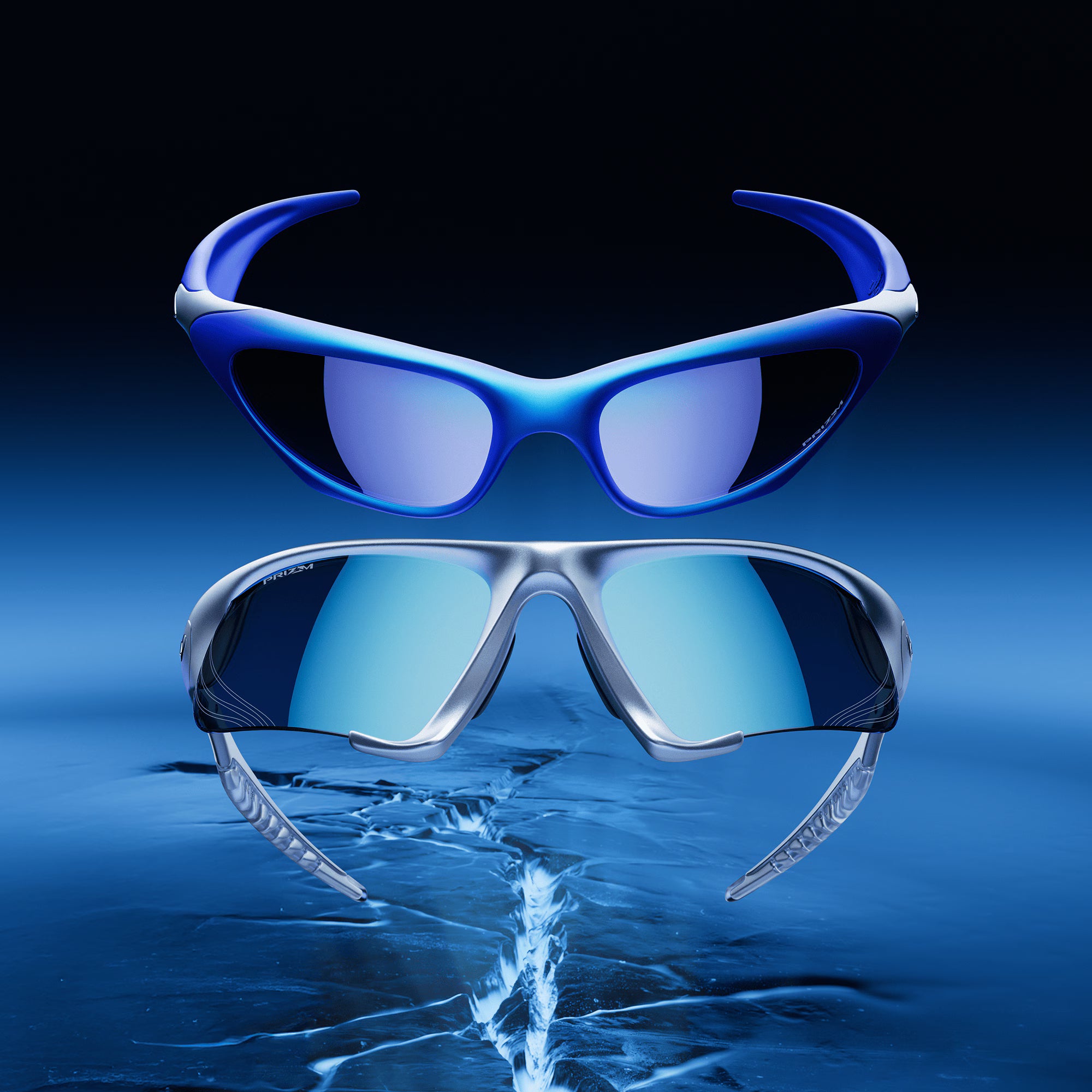 Two futuristic sunglasses, one blue and one silver from the Machina - Wearable Technology MUZM Scar & Suture Jacket® collection, are showcased against a dark blue background with a reflective water surface for a sleek, modern effect.