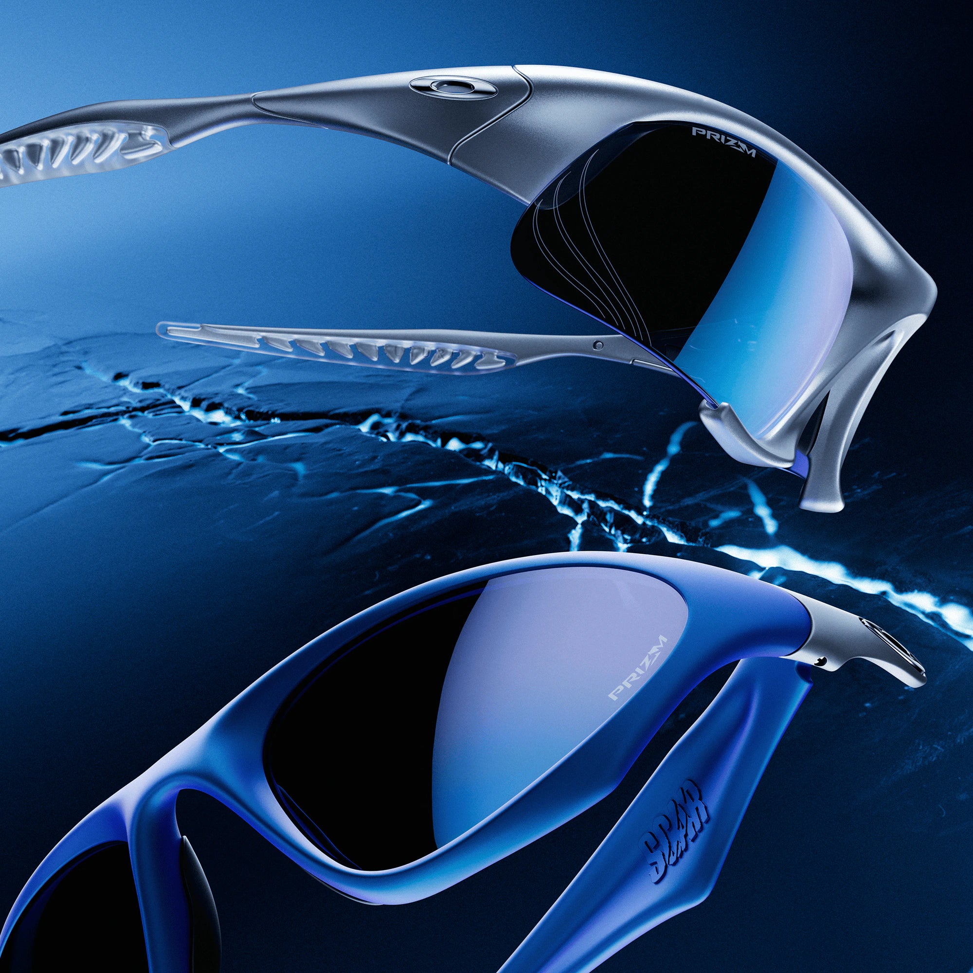Two pairs of MUZM Scar & Suture Jacket® sunglasses from Machina - Wearable Technology—one silver, one blue—stand out against icy terrain, featuring blue-tinted lenses and sleek, aerodynamic designs for a bold statement.