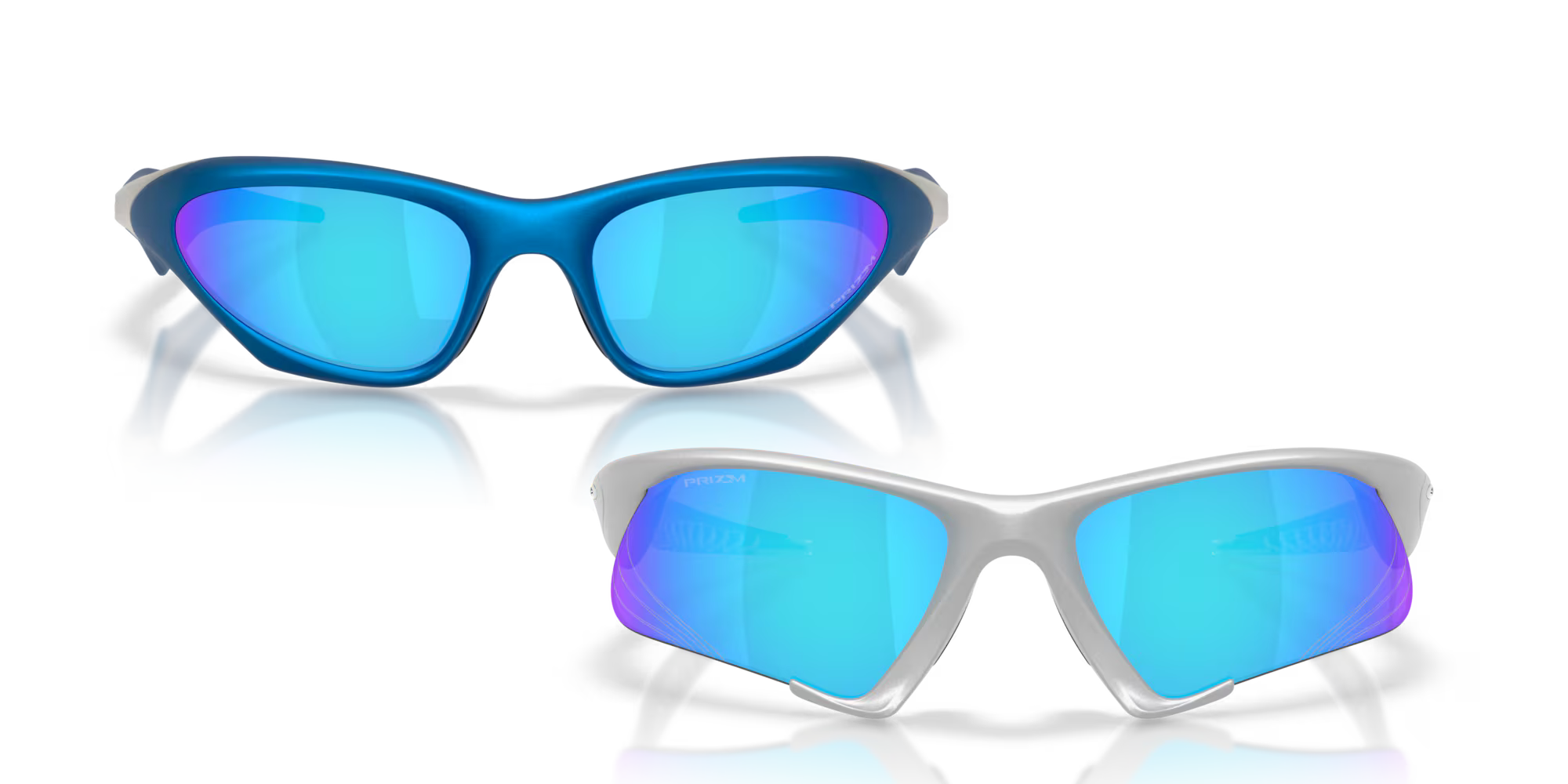 Two pairs of sporty sunglasses—the MUZM Scar & Suture Jacket® from Machina - Wearable Technology—feature blue mirrored lenses on a white background, each casting subtle reflections beneath them.