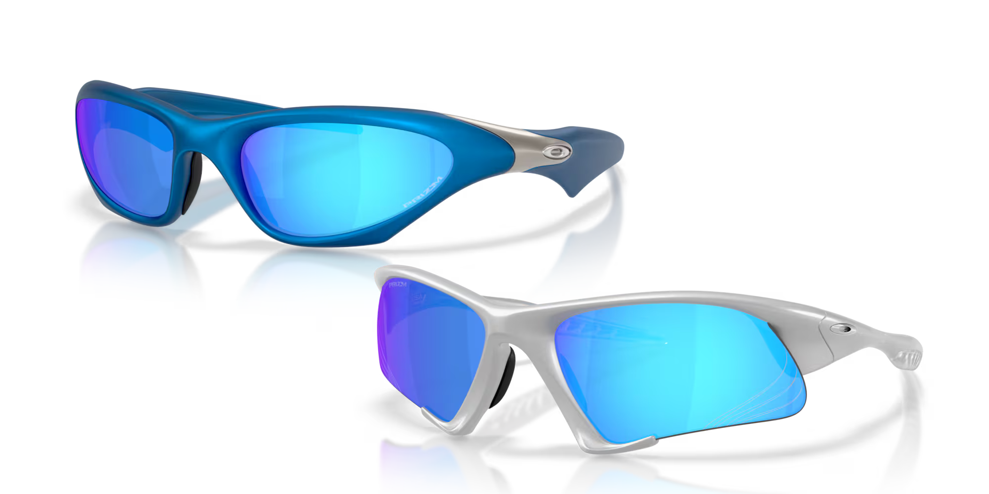Two pairs of sports sunglasses with blue mirrored lenses and bold frames, inspired by the iconic MUZM Scar & Suture Jacket® from Machina - Wearable Technology, are displayed on a white background.