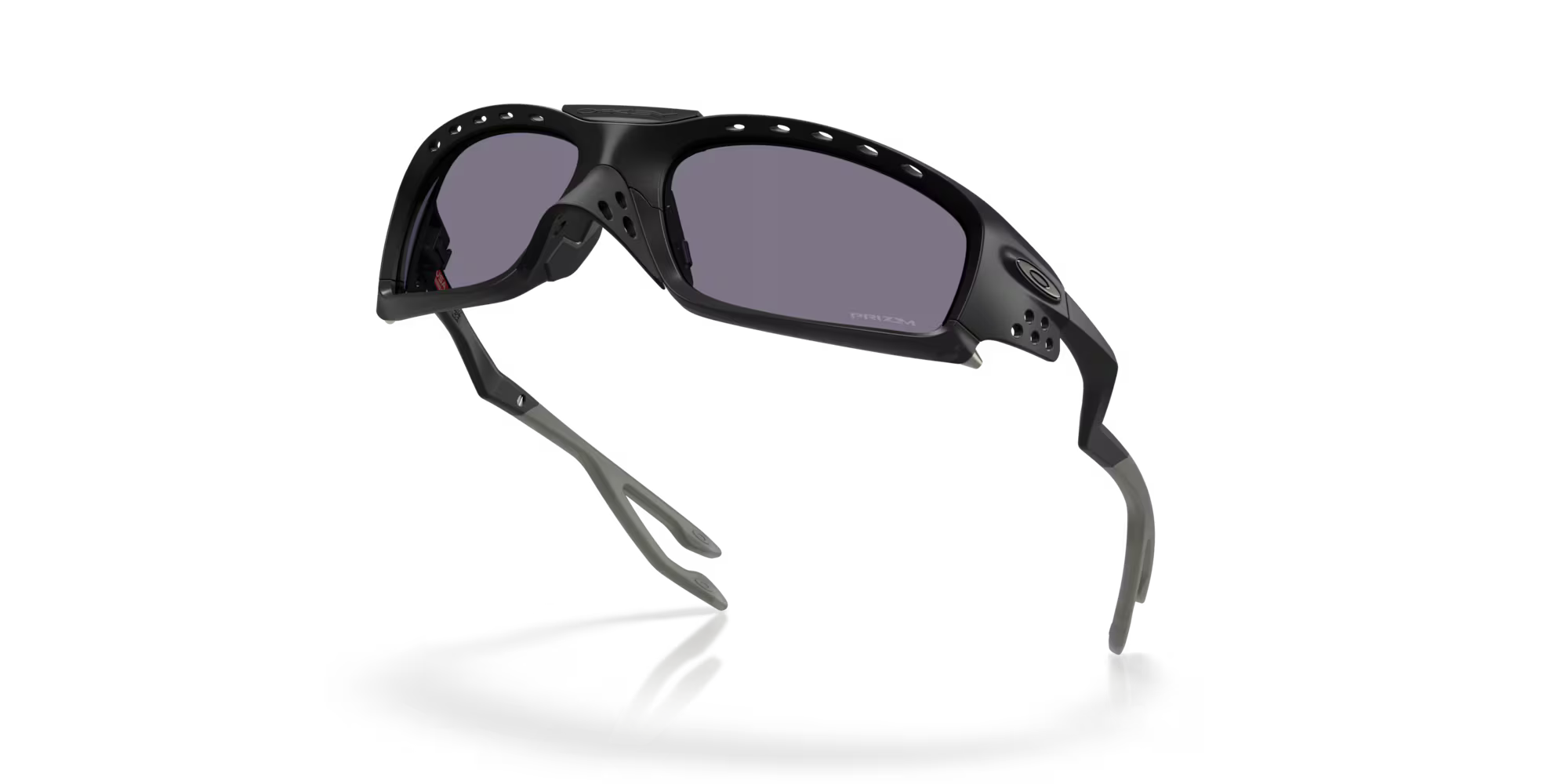The Machina - Wearable Technology Plantaris SQ Matte Black sunglasses feature a wraparound design with dark lenses, vented frames, and distinctively bent, elongated temple arms inspired by Oakley style, shown on a white background.