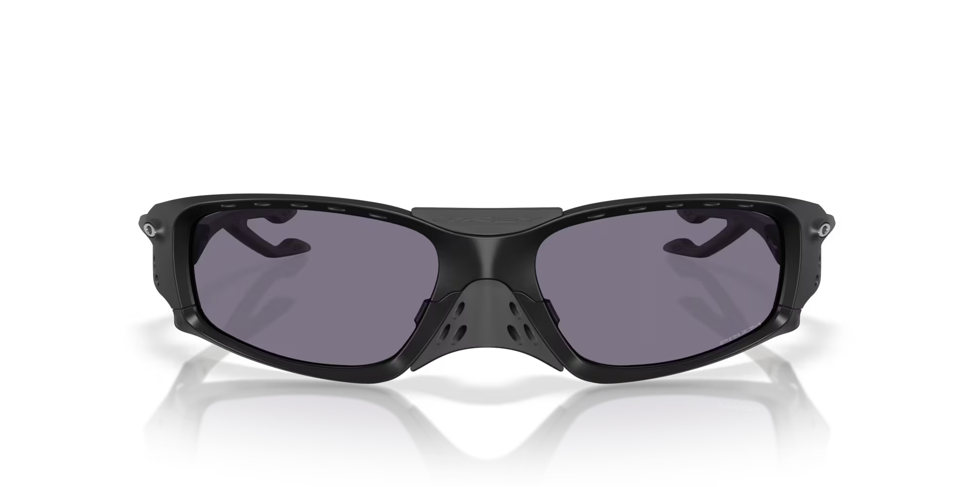 Front view of Machina - Wearable Technology Plantaris SQ Matte Black sunglasses, showcasing thick wraparound frames, square lenses, and a vented nose bridge, inspired by the Plantaris SQ collection, set against a white background.