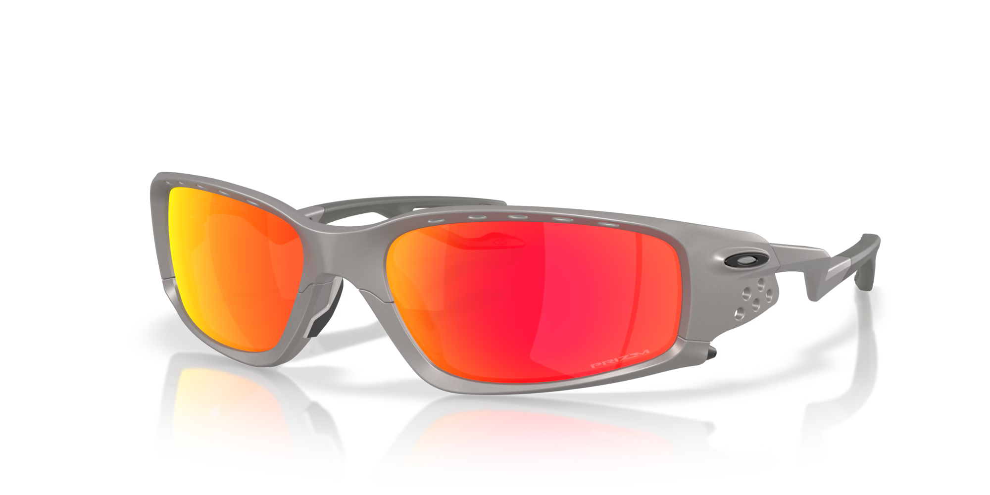 The Plantaris SQ Titanium Frame by Machina - Wearable Technology are gray sports sunglasses with a wraparound design, vibrant orange-red mirrored lenses, and a vented nose piece for comfort. Displayed on a white background with a subtle reflection.