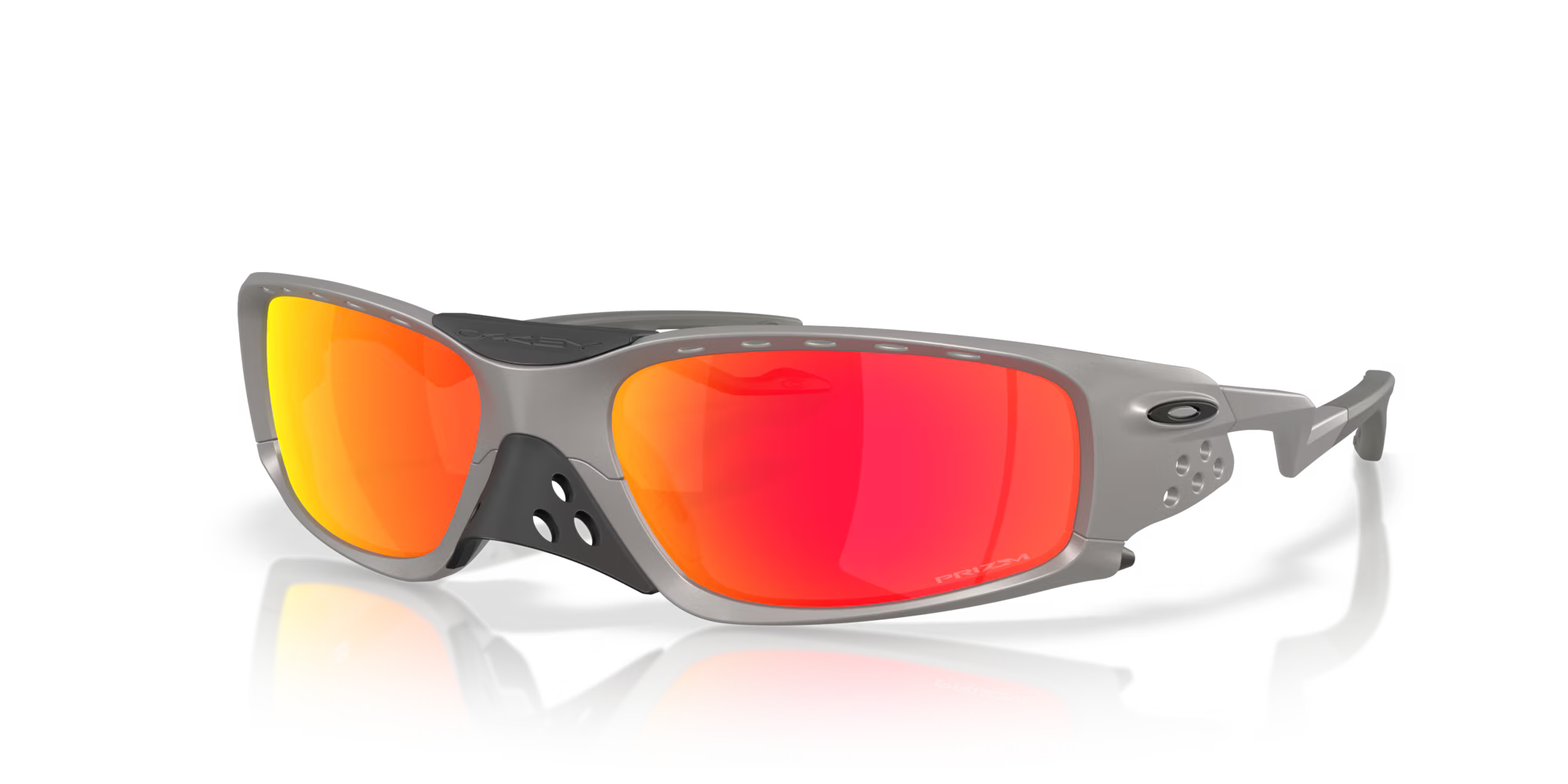 The Plantaris SQ Titanium Frame by Machina – Wearable Technology features gray sports sunglasses with large, wraparound red-orange mirrored square lenses, a vented nose piece, black nose pads, signature frame vents, and the logo on the side.