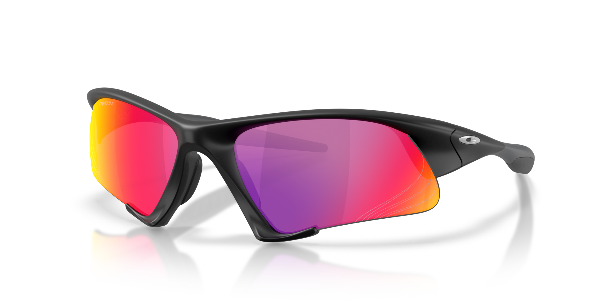 The Suture Jacket® Matte Black Frame by Machina - Wearable Technology is a bold sport eyewear with wraparound frames and mirrored lenses fading from yellow-orange to pink-purple, shown on a white background.