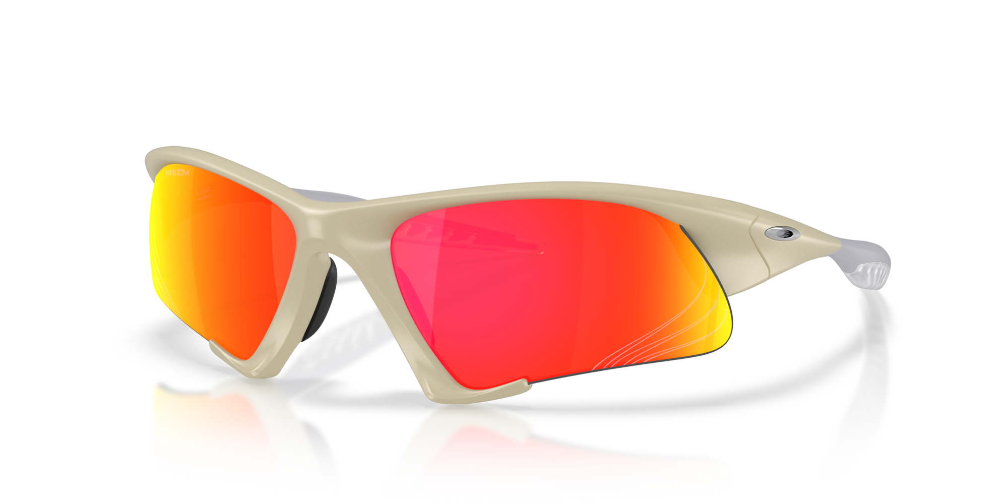 The Machina Suture Jacket® Matte Sand Frame features beige crossover sports sunglasses with mirrored red-orange lenses, black nose pads, and a sleek aerodynamic design, shown against a white background.