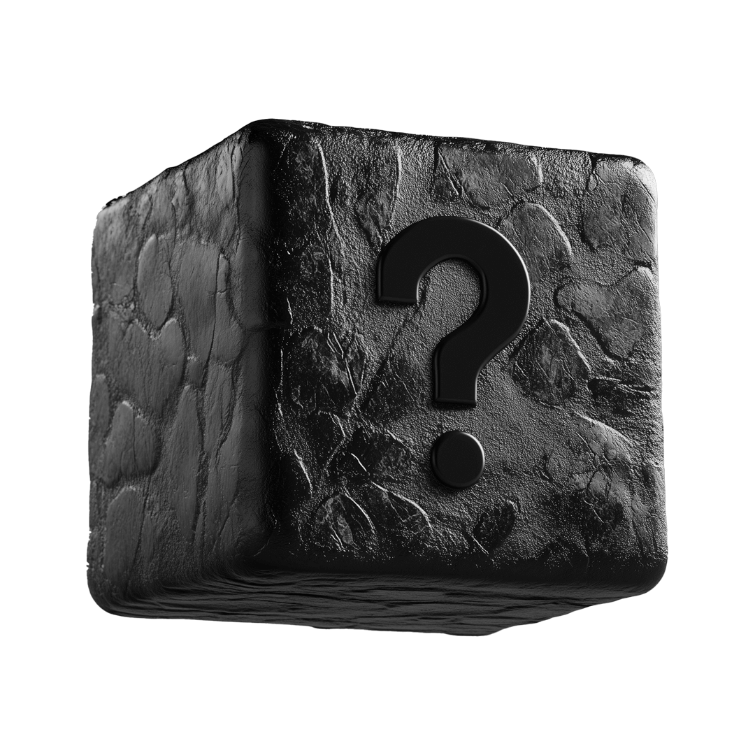 The O8S - DROP 04 - itm16 by Machina - Wearable Technology: a black textured cube with a bold, raised question mark on its front, set against white—ideal for adding intrigue or sparking curiosity anywhere.