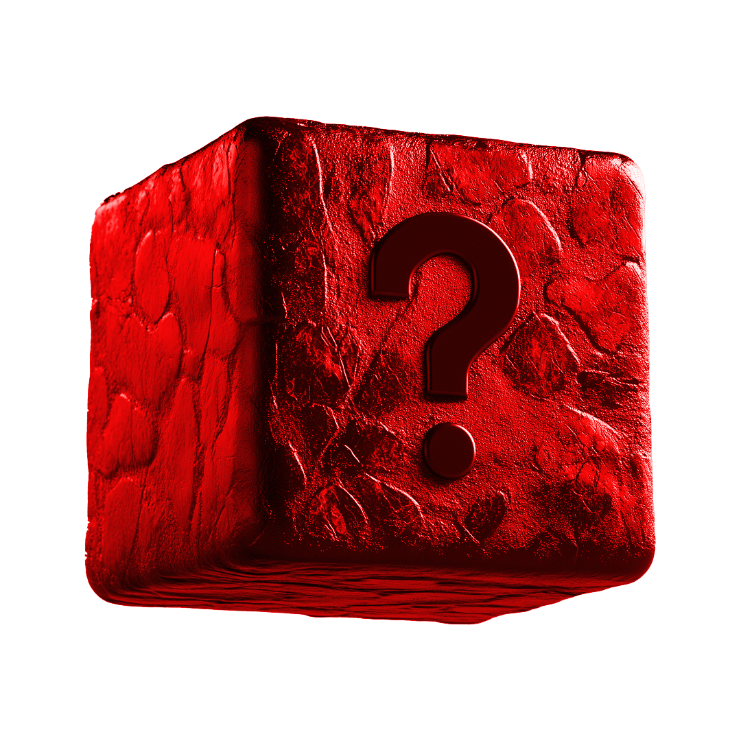The O8S - DROP 02 - itm3 by Machina - Wearable Technology is a red, textured cube featuring a large dark question mark on one side and 19.7.25 subtly marked, set against a white background.