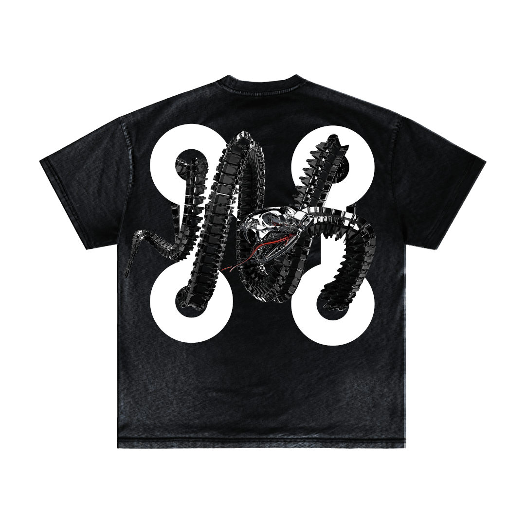 The Machina O8S - DROP 02 - itm6 black T-shirt features a detailed, metallic robotic skull with mechanical tentacles and four white rings, creating a bold sci-fi look. Brand: Machina - Wearable Technology.