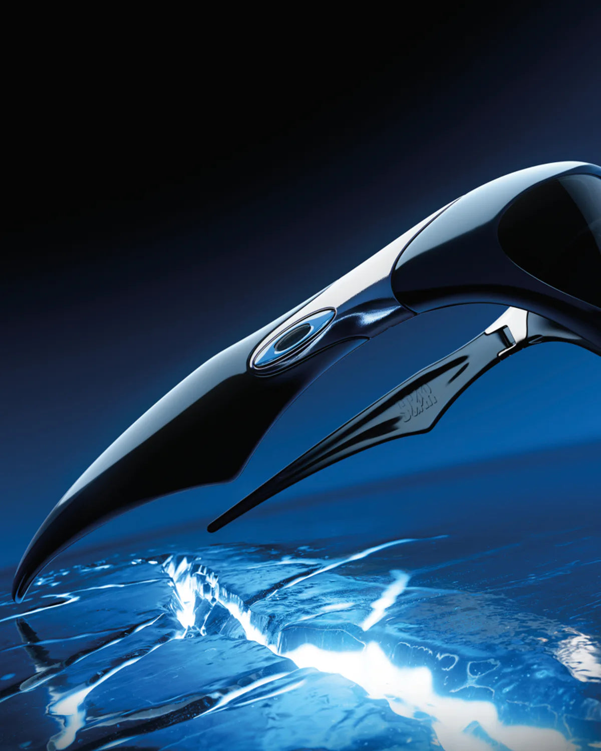 The LIMITED-EDITION OAKLEY® MUZM SCAR by Machina - Wearable Technology features futuristic black high-wrap sunglasses with a sleek, aerodynamic design, displayed above cracked, glowing ice on a dark blue background.