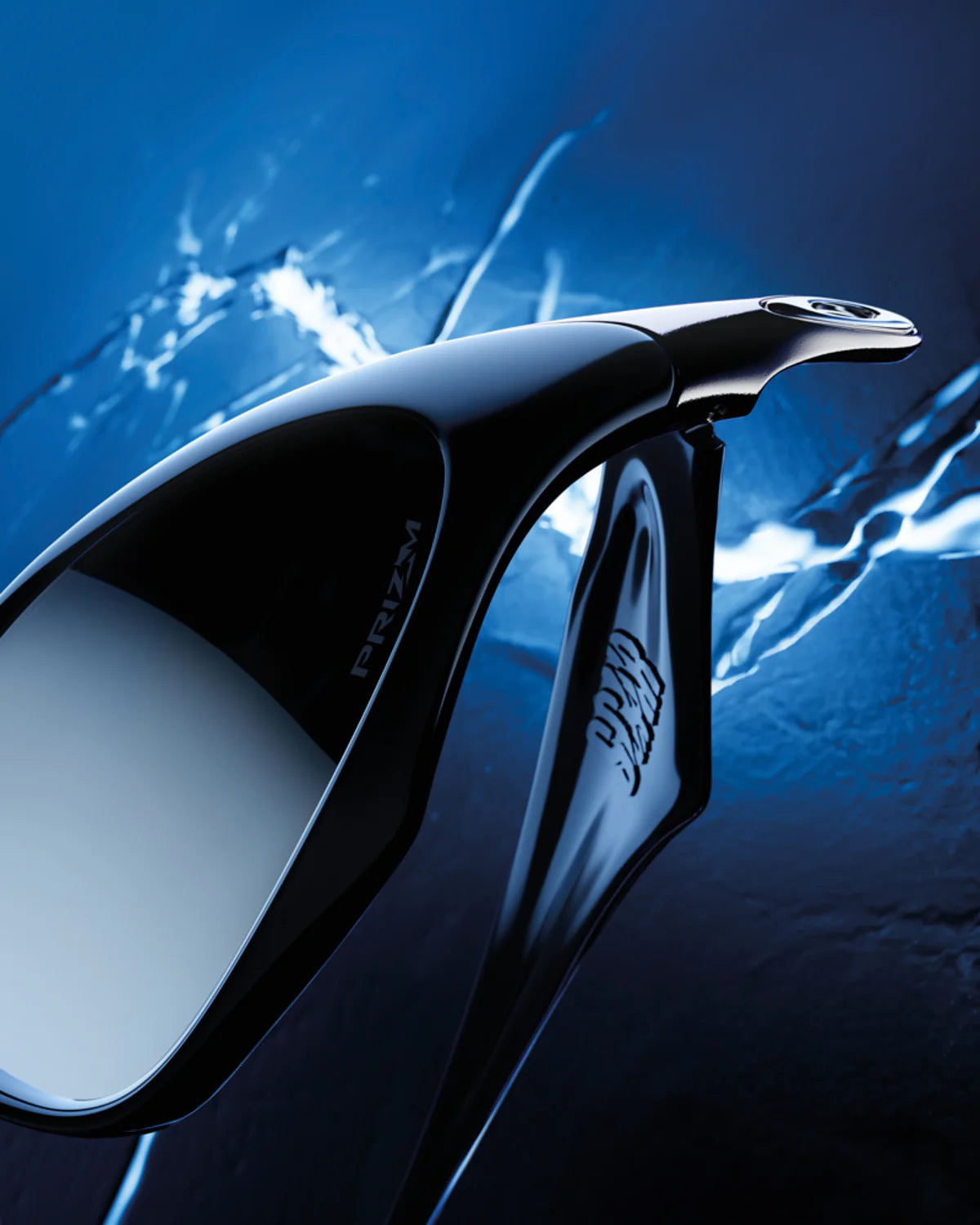 Close-up of the LIMITED-EDITION OAKLEY® MUZM SCAR high-wrap sunglasses by Machina - Wearable Technology, featuring reflective Prizm Black lenses and "PRIZM" branding, set against a dynamic blue background with white lightning streaks.