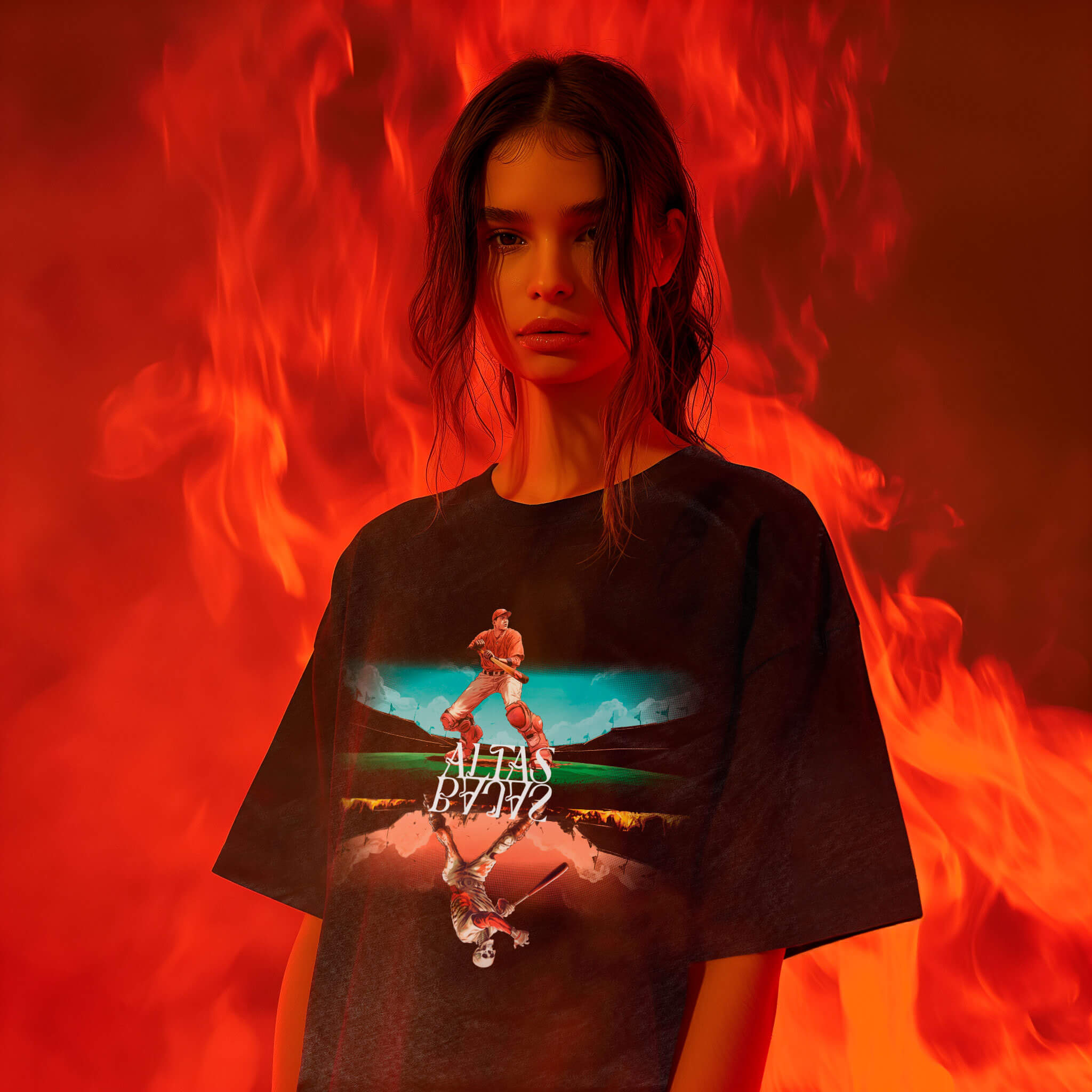 Against a fiery backdrop, an individual dons the limited edition (Copy) Atlas y Bajas T-shirt from Machina - Wearable Technology, showcasing a captivating artwork of Atlas holding the sky with a mirror reflection beneath. The vivid orange-red flames heighten the dramatic atmosphere that captures the essence of the Atlas y Bajas theme.