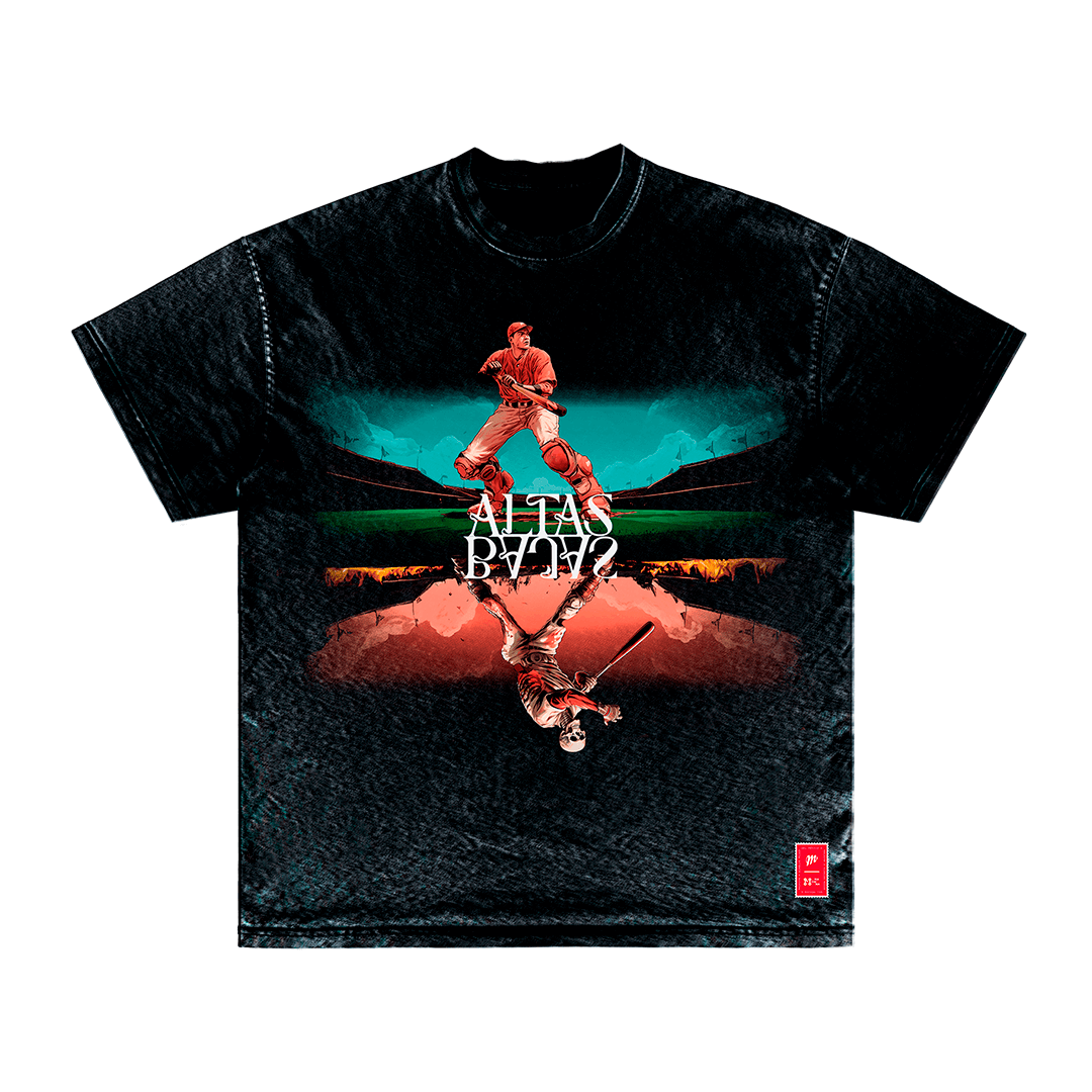 This exclusive (Copy) Altas y Bajas t-shirt from Machina - Wearable Technology showcases a mirrored design of a baseball player against a lively backdrop, featuring an upper scene in blue and green and a lower scene in red and orange. The central highlight is the "Altas y Bajas" text.