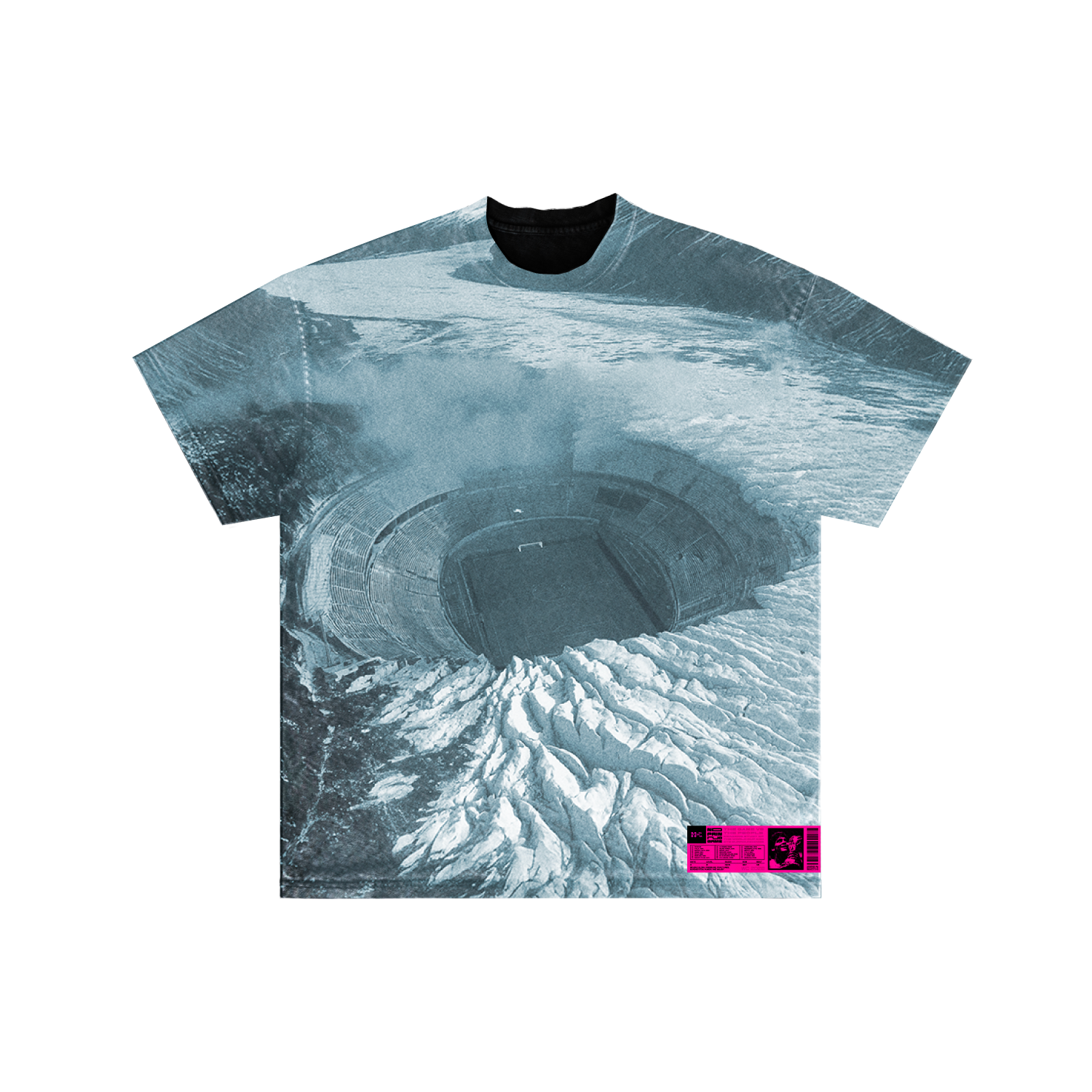The Argentina 78 T-shirt from Machina - Wearable Technology features a surreal soccer stadium merging with an icy landscape and a small pink graphic label near the bottom right.
