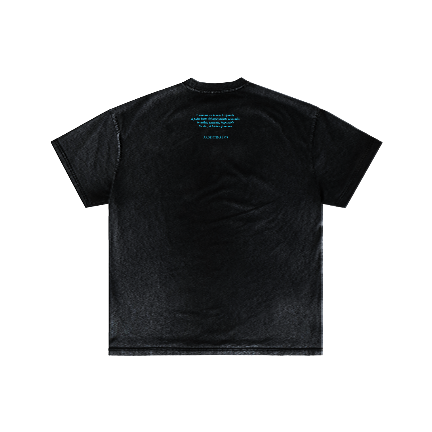 A black short-sleeve Argentina 78 T-shirt by Machina - Wearable Technology, shown flat from the back, features a small block of blue text centered near the upper back; the rest is plain with no other graphics or logos.