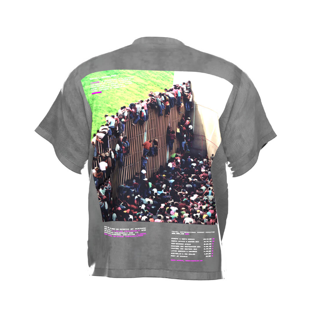 This "Borderlands" T-shirt from Machina - Wearable Technology features a vivid design of people climbing a fence, set against a green field that stretches across the back. Accented with bold text, this gray shirt is made from heavyweight cotton, seamlessly blending durability with style.