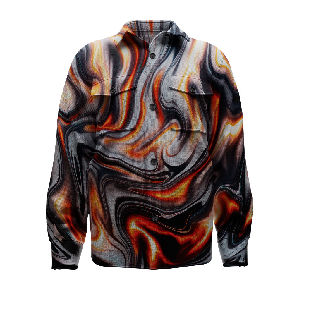 The CHROMED FLAMES TRACKSUIT by Machina - Wearable Technology is a fashionable button-up featuring a lively pattern of swirling orange, black, white, and gray abstract designs. Made from high-quality materials, it includes a visible collar and front pockets, with long sleeves integrating the design seamlessly.
