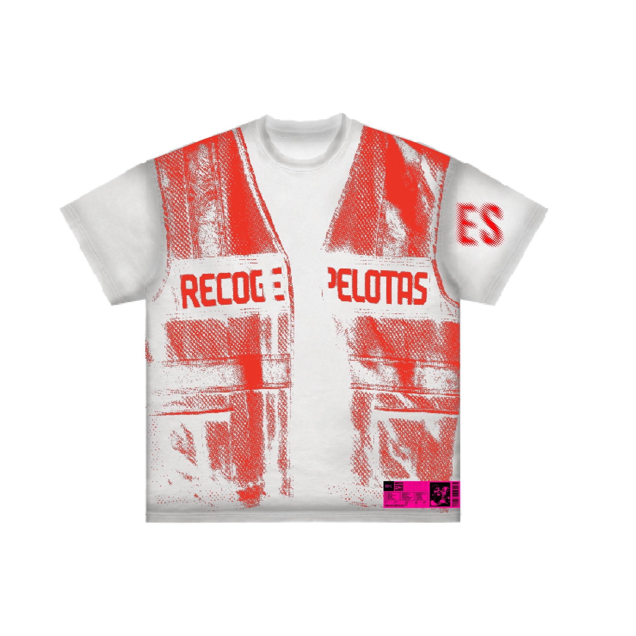 A white RECOGEBALONES T-shirt by Machina - Wearable Technology, featuring a red reflective vest graphic with "RECOGEPELOTAS" on the front, inspired by Spain 1982 football history, plus a small pink label near the hem.