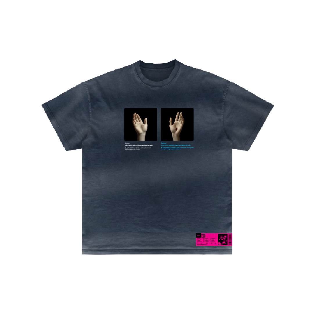 The Diestra y Siniestra T-shirt by Machina - Wearable Technology features dark gray fabric, two hand images inspired by biblical stigmata with text on the chest, plus a small bright pink graphic and text near the bottom hem.