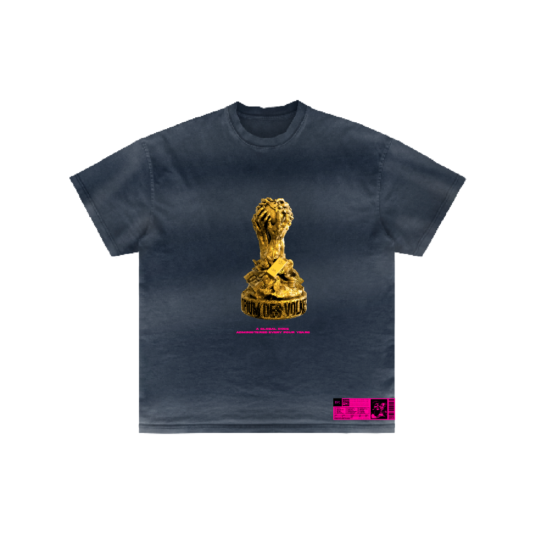 The Opio del Pueblo by Machina - Wearable Technology is a black tee with a bold gold statue of hands holding a lion’s head, “PAIN DES VOLCS” in yellow below, and a small pink label near the right hem.