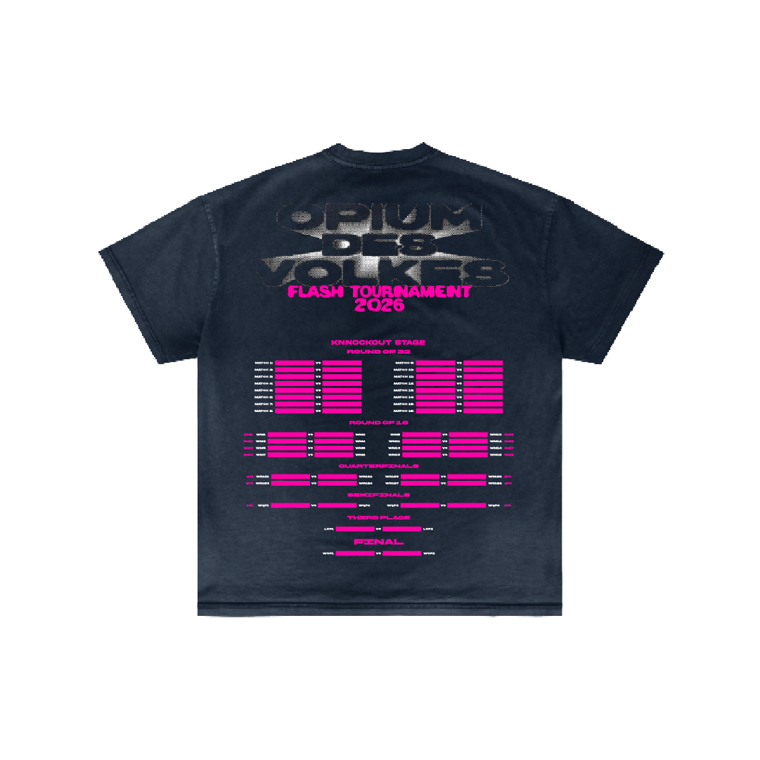 Black t-shirt by Machina - Wearable Technology. Opio del Pueblo metallic text on front; FLASH TOURNAMENT 2026 in bright pink with pink and white bracket graphics, dates, and locations on back—a must-have for media spectacle or world championship fans.