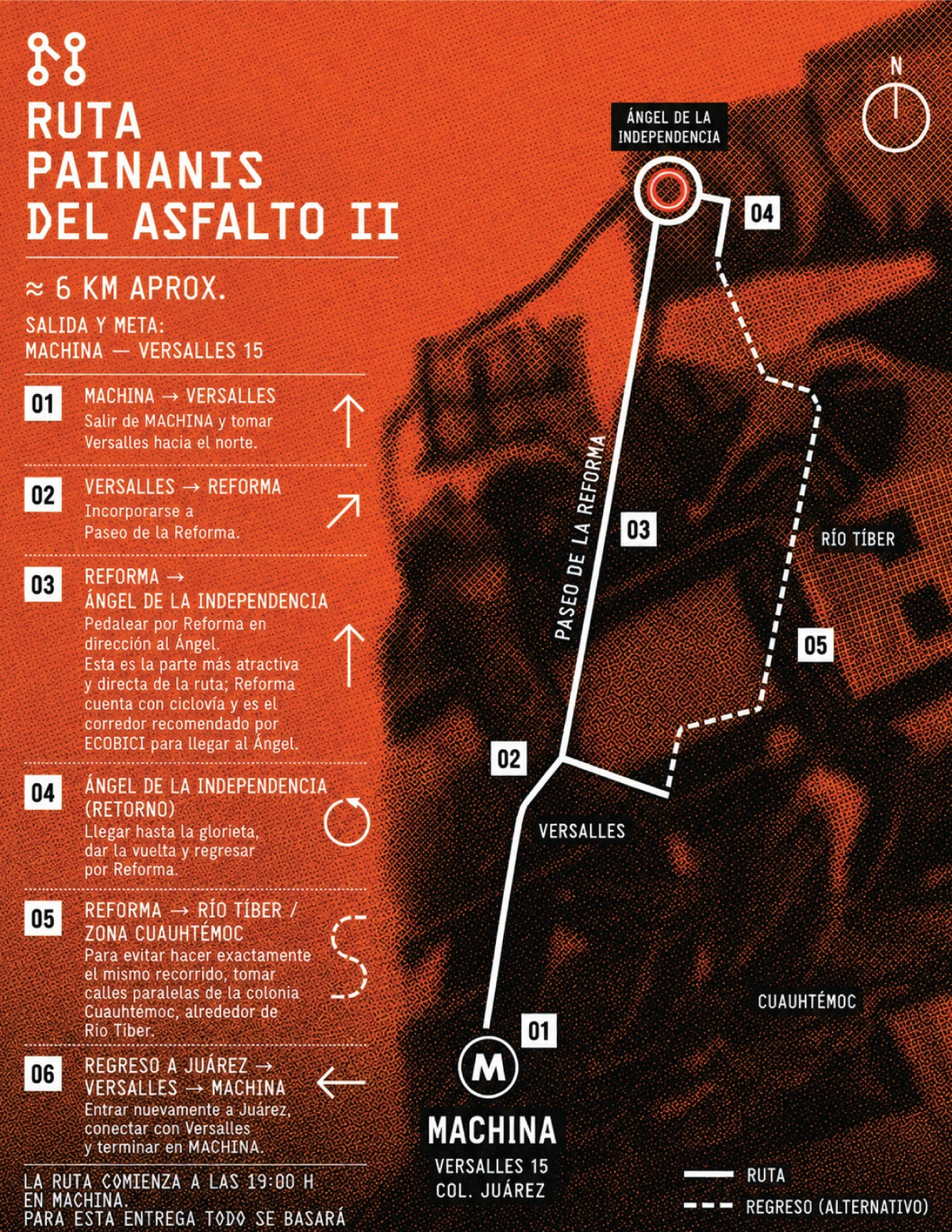 Explore the 6 km PAINANIS DEL ASFALTO cycling route in Mexico City with this detailed map—featuring stops at MACHINA (by Machina Wearable Technology), Reforma, Ángel de la Independencia, and Río Tíber. All route information is provided in Spanish, making it perfect for fans eager to discover the city. Don’t forget to bring your USB dije from Machina Wearable Technology to track your adventure!.