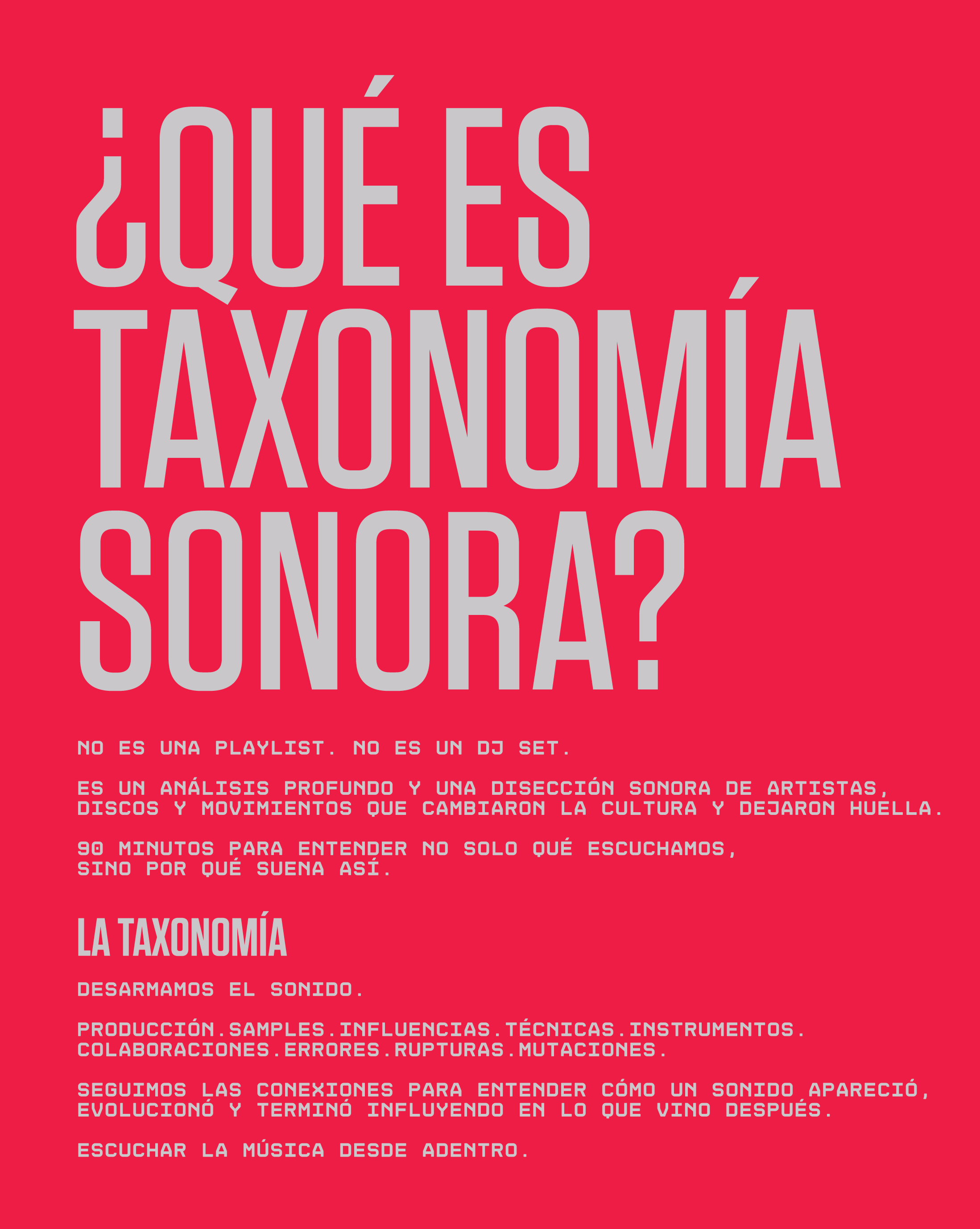 Texto sobre un fondo rosa intenso que dice: ¿Qué es TAXONOMÍA SONORA? seguido de una descripción en español explicando cómo, mediante el análisis del sonido, la música y su impacto cultural, se detallan aspectos como la influencia, las técnicas de producción musical y los instrumentos. TAXONOMÍA SONORA de Machina Wearable Technology permite comprender la evolución de estilos y artistas—por ejemplo, cómo figuras como Kanye West han transformado el panorama musical mundial.