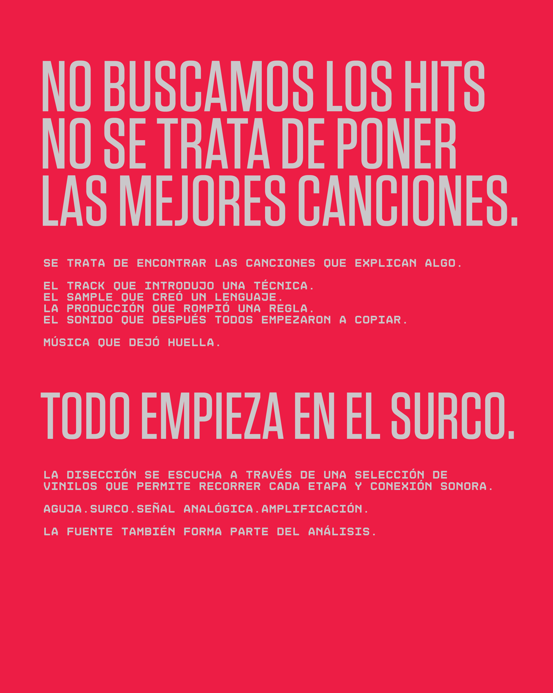 Pink poster featuring bold white and gray Spanish text centered on music, songs, and vinyl records. Prominent headings stress the importance of discovering meaningful tracks over chasing hits, while smaller print delves into the análisis and TAXONOMÍA SONORA—a concept presented by Machina Wearable Technology—that examines the deeper aspects of producción musical.