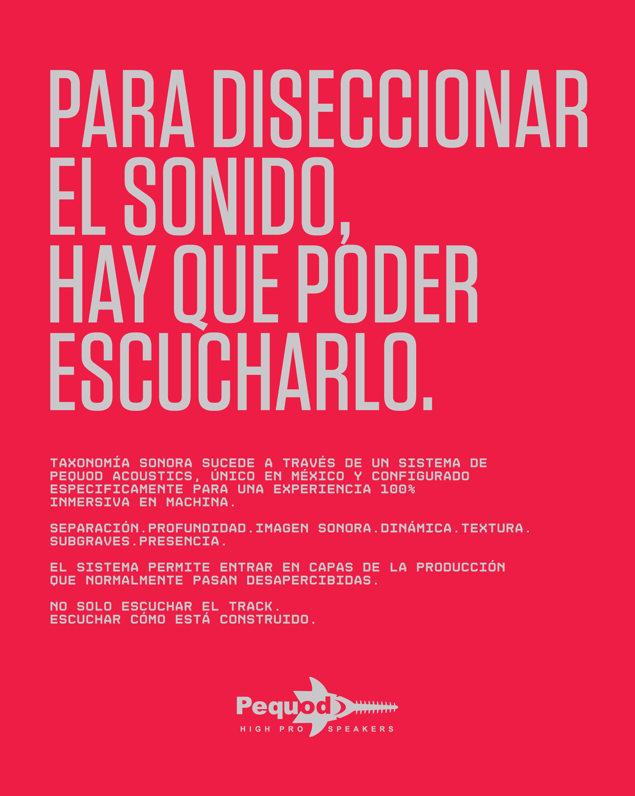 A striking red poster with white text highlights TAXONOMÍA SONORA by Machina Wearable Technology, focusing on sound dissection and the importance of listening. The design features a Pequod speaker logo with a whale image at the bottom and incorporates technical descriptions inspired by taxonomía sonora, drawing from detailed processes in producción musical and reflecting on the evolution of sound in the style of Kanye West evolución.