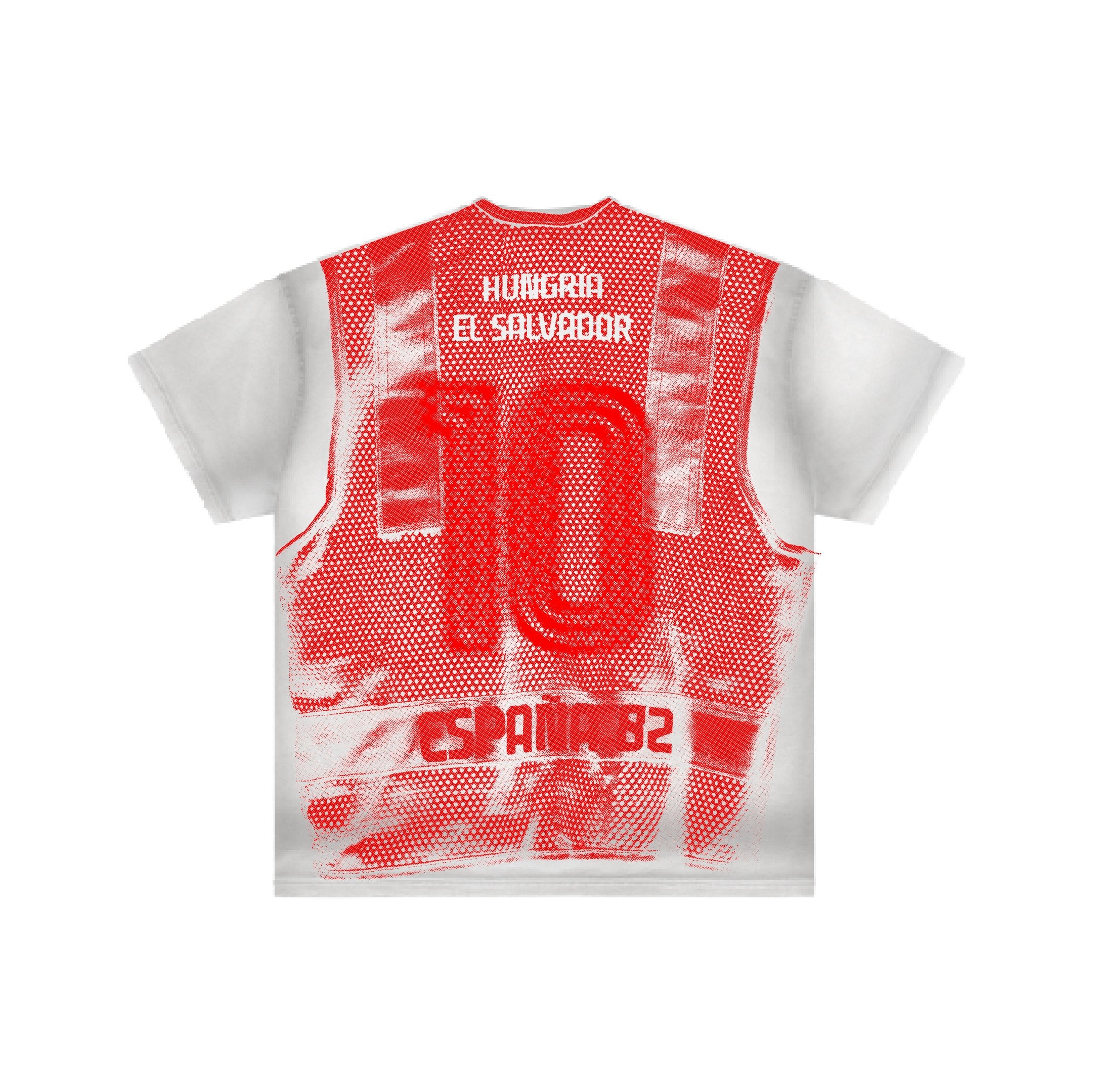 The RECOGEBALONES T-shirt by Machina - Wearable Technology is a white tee with a red pixelated back graphic featuring the number 10, HUNGRIA, EL SALVADOR, and ESPANA 82—a must-have for Spain 1982 and football history fans.