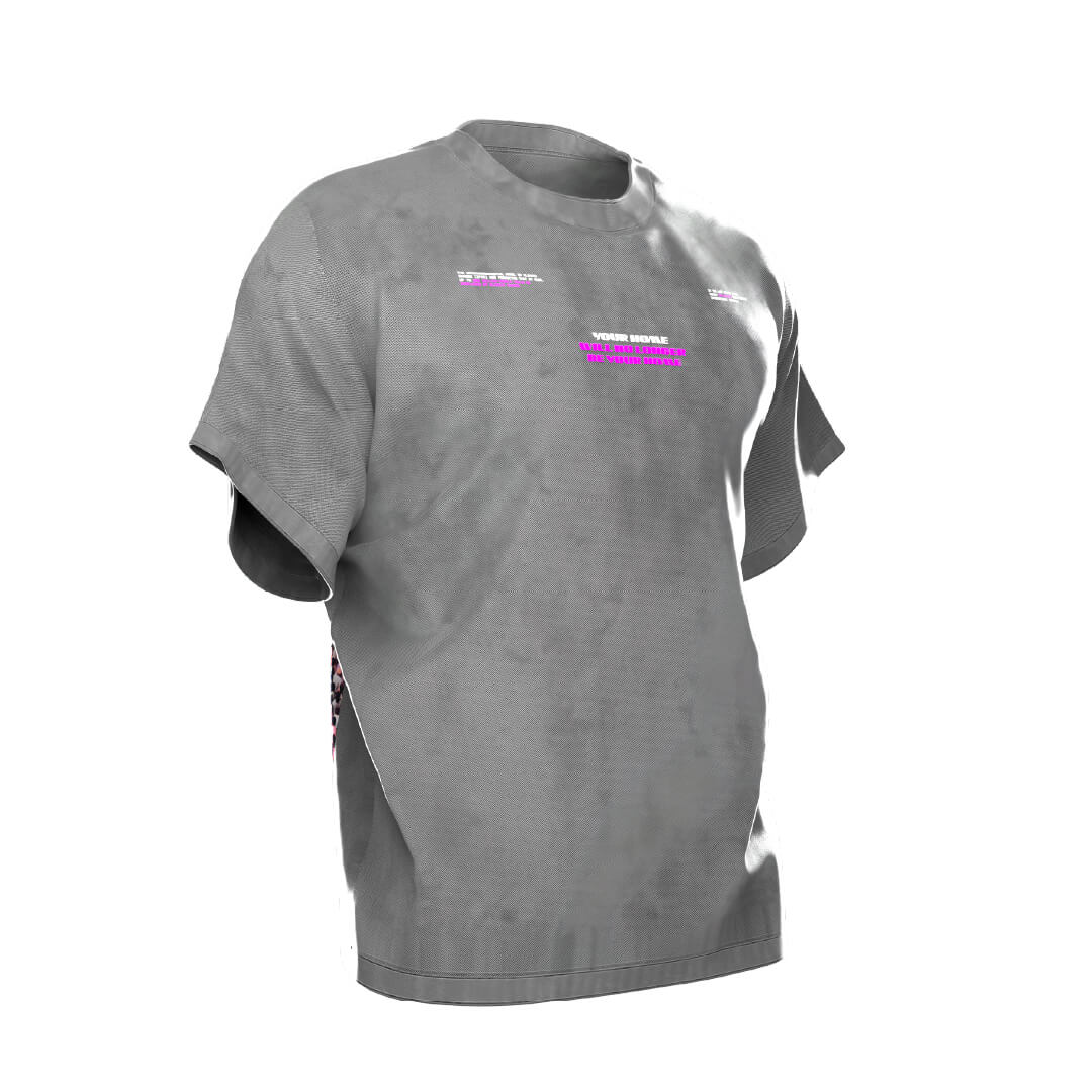 The Machina - Wearable Technology "Borderlands" T-shirt in gray features a pink and white text design across the chest and shoulders. Crafted from heavyweight cotton for a soft feel, this relaxed-fit shirt is displayed at an angle against a plain white background.